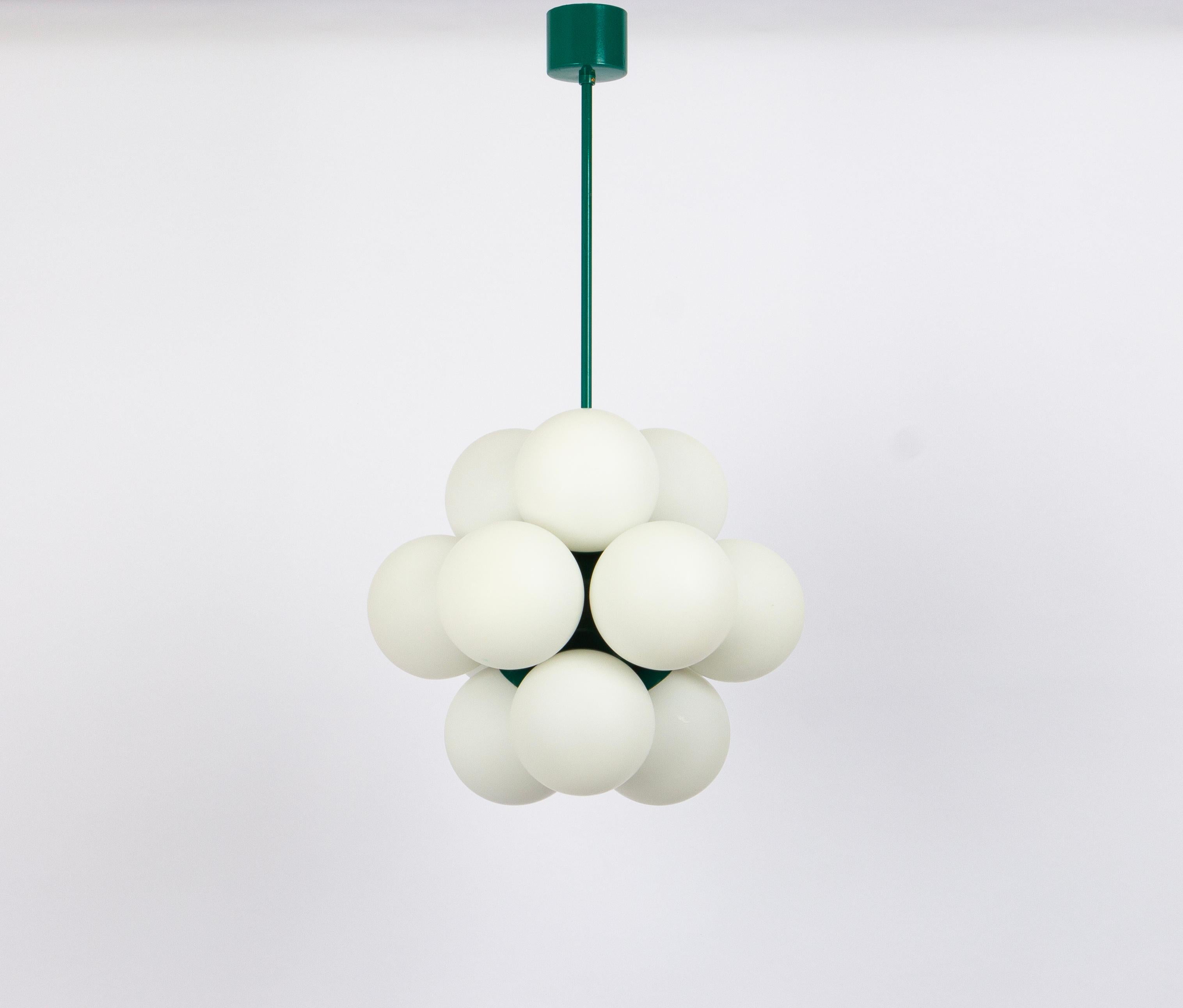 Mid-Century Modern 1 of 2 Sputnik Green Pendant Light, Opal Glass, Germany, 1970s For Sale