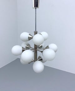 Sputnik in Metal and 12 White Opaline Teardrops by Kaiser Leuchten, 1960's
