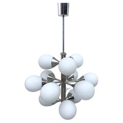 Vintage Sputnik in Metal and 12 White Opaline Teardrops by Kaiser Leuchten, 1960's