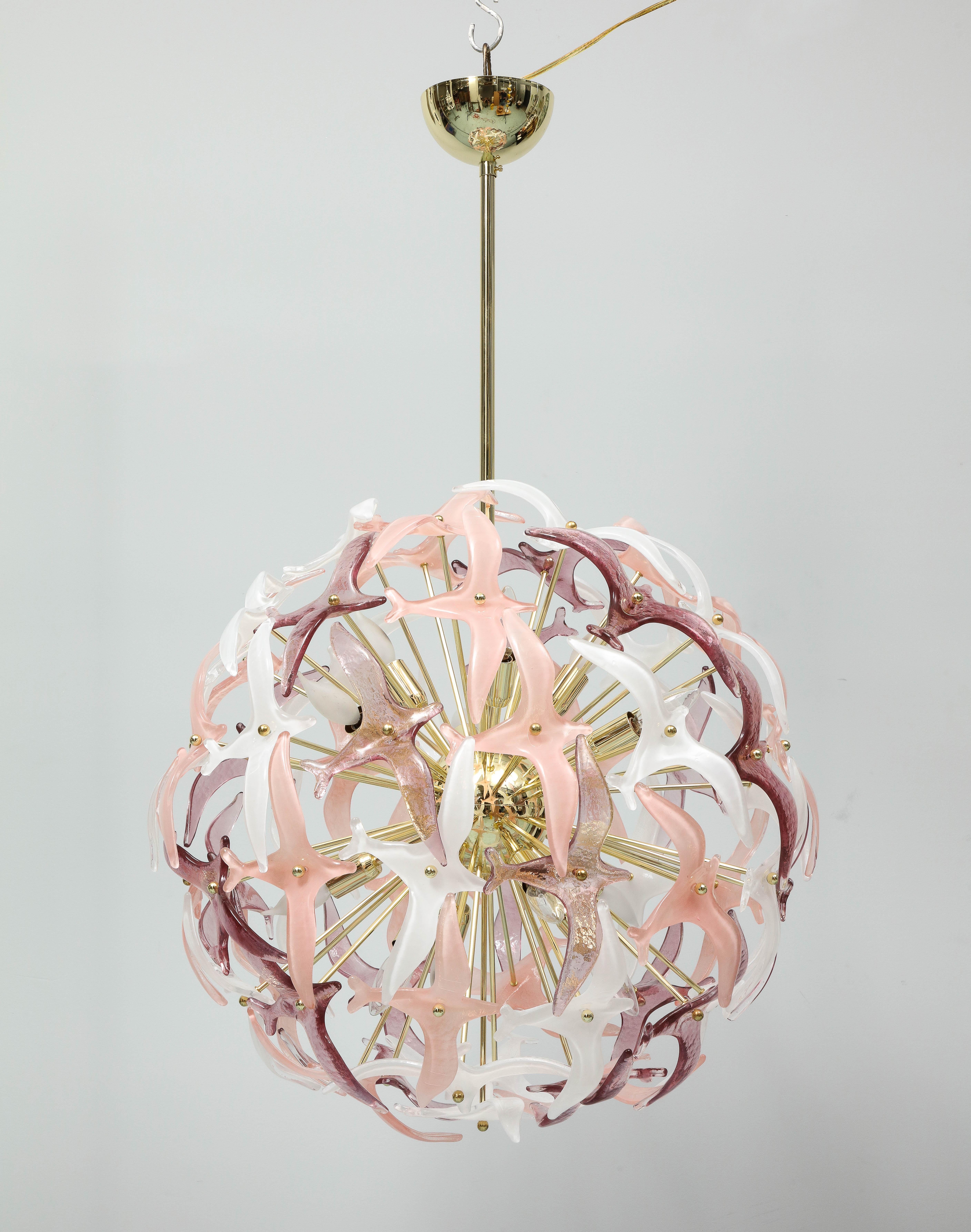 Sputnik Italian Chandelier With Pink And Beige Glass Wings In Excellent Condition For Sale In Jersey City, NJ