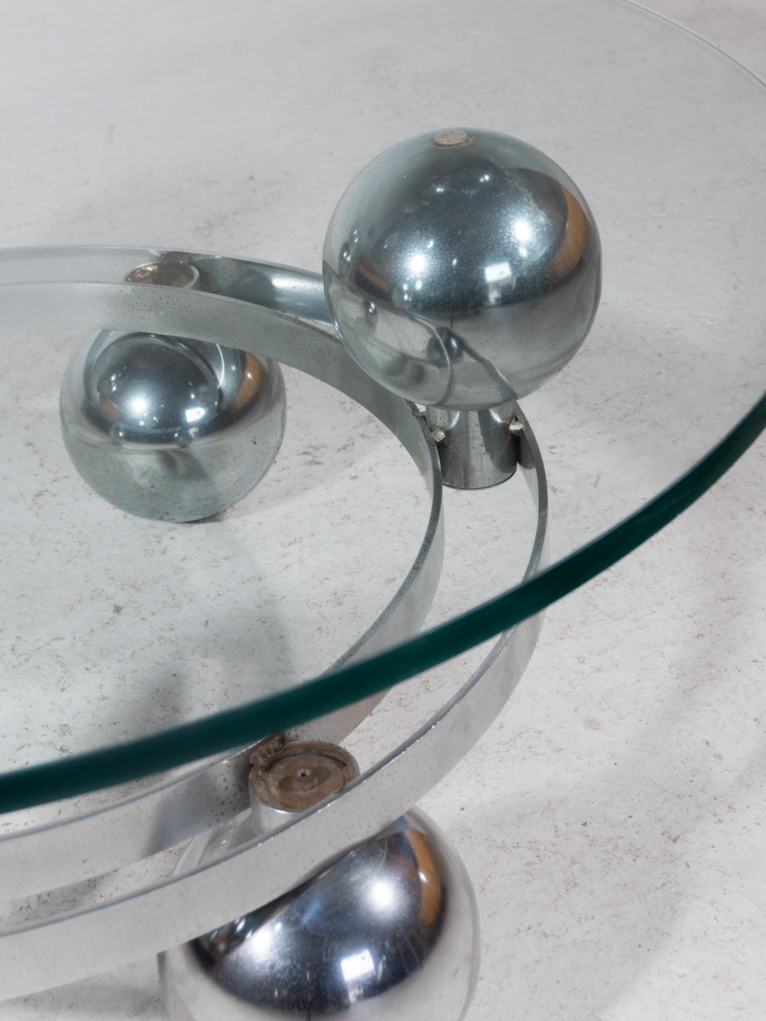 Sputnik, Couchtisch mit runder Glasplatte und Metall-Chromkugeln, Deutschland 1960er Jahre im Angebot 6