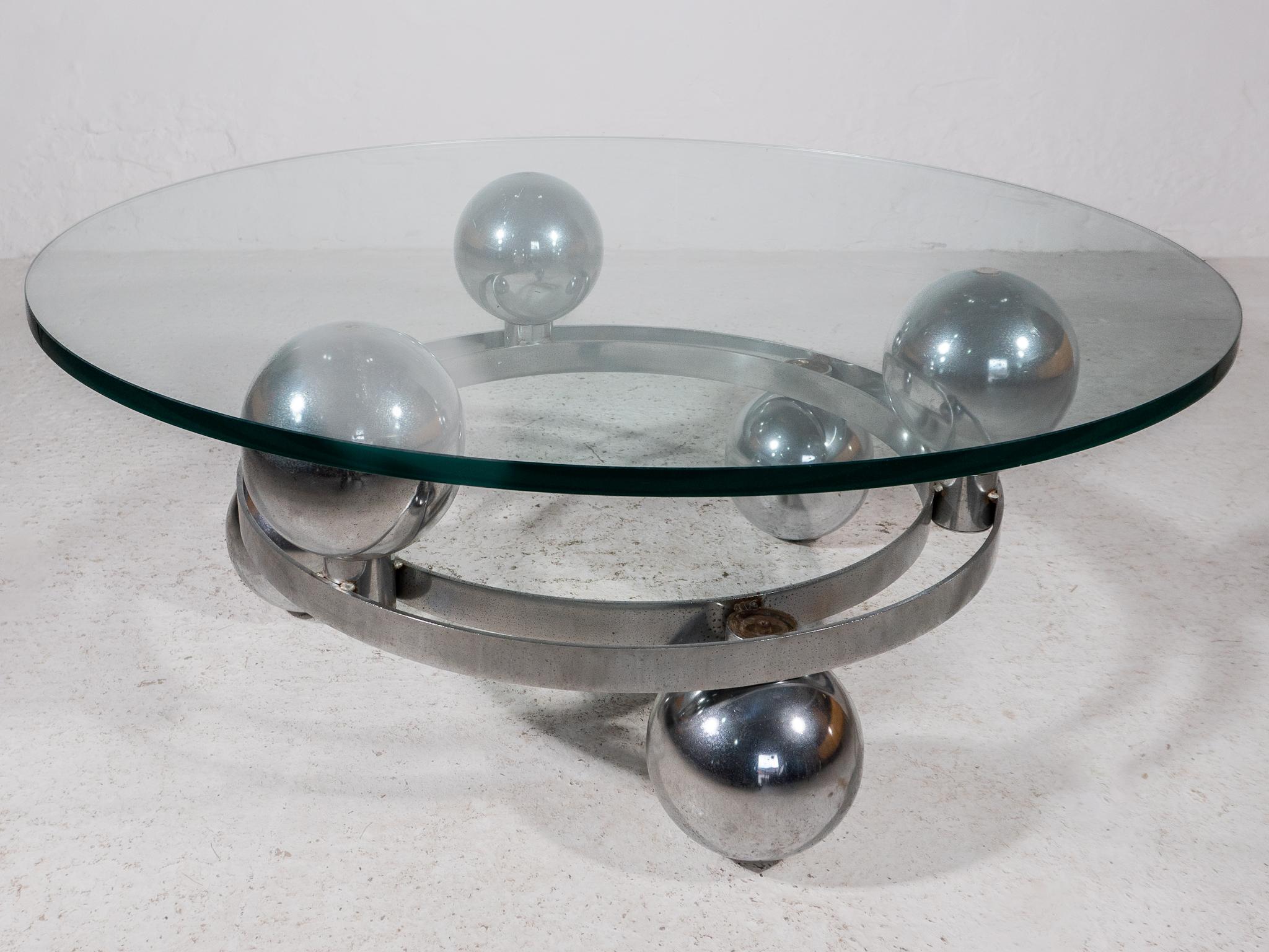 Sputnik, Couchtisch mit runder Glasplatte und Metall-Chromkugeln, Deutschland 1960er Jahre im Angebot 10