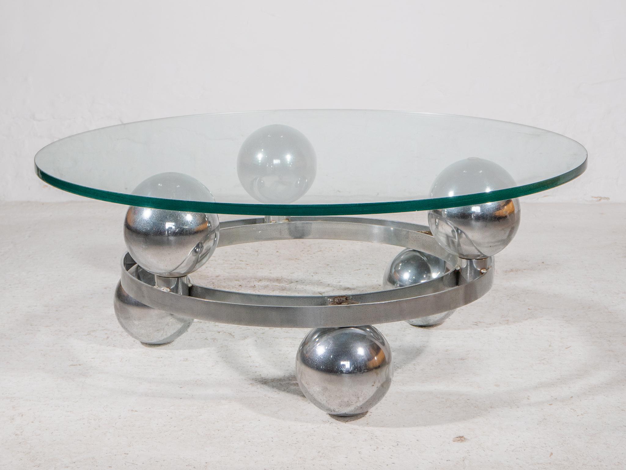 Sputnik, Couchtisch mit runder Glasplatte und Metall-Chromkugeln, Deutschland 1960er Jahre im Angebot 3