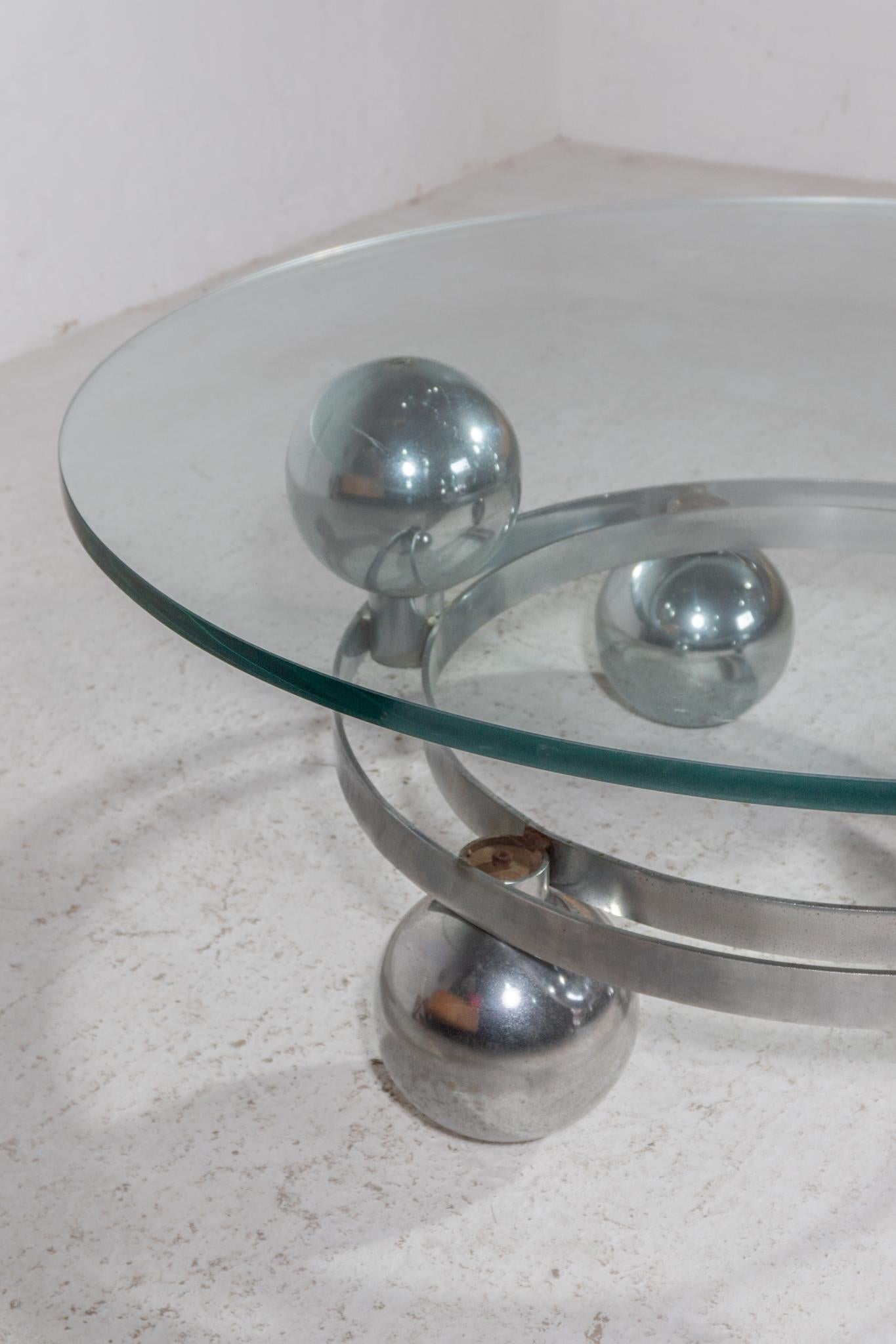 Sputnik, Couchtisch mit runder Glasplatte und Metall-Chromkugeln, Deutschland 1960er Jahre im Angebot 4