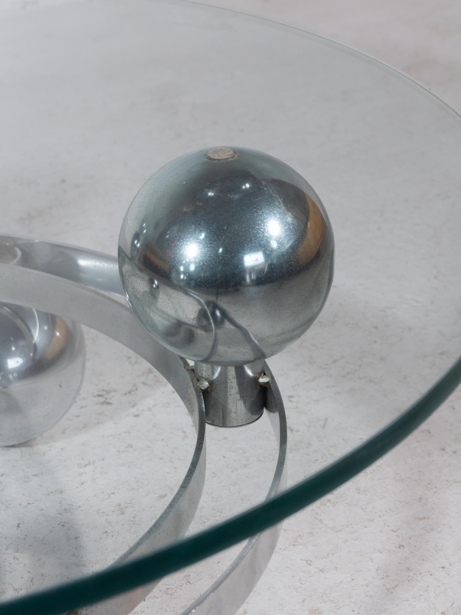 Sputnik, Couchtisch mit runder Glasplatte und Metall-Chromkugeln, Deutschland 1960er Jahre im Angebot 5