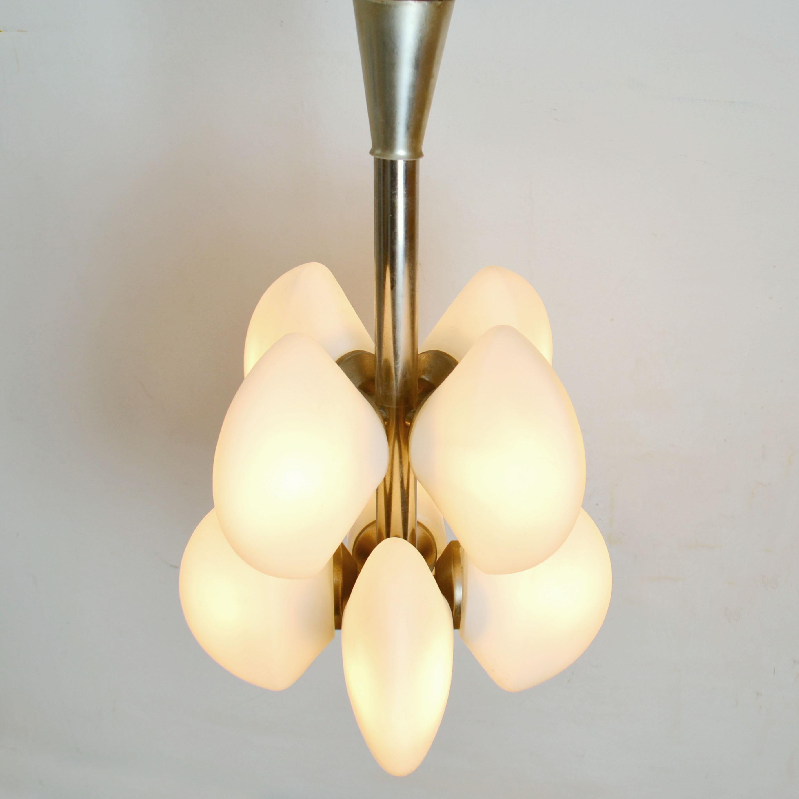 Mid-Century Modern Midcentury Sputnik Pendant with Opalescent Shades and Nickel Frame For Sale