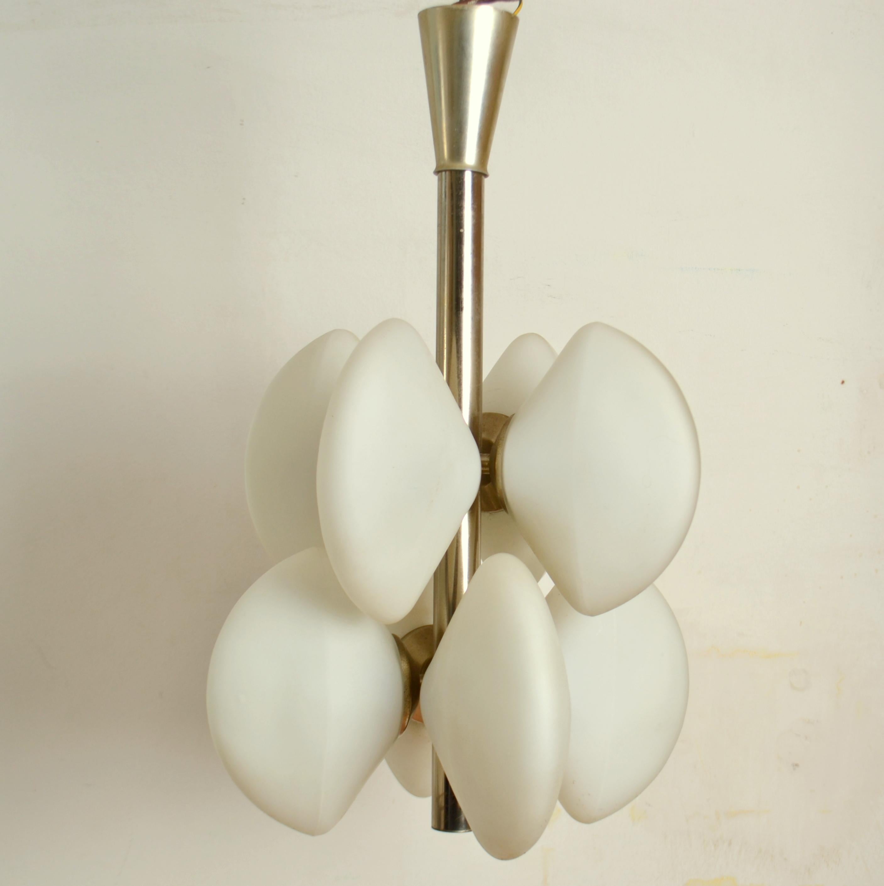 Midcentury Sputnik Pendant with Opalescent Shades and Nickel Frame For Sale 1