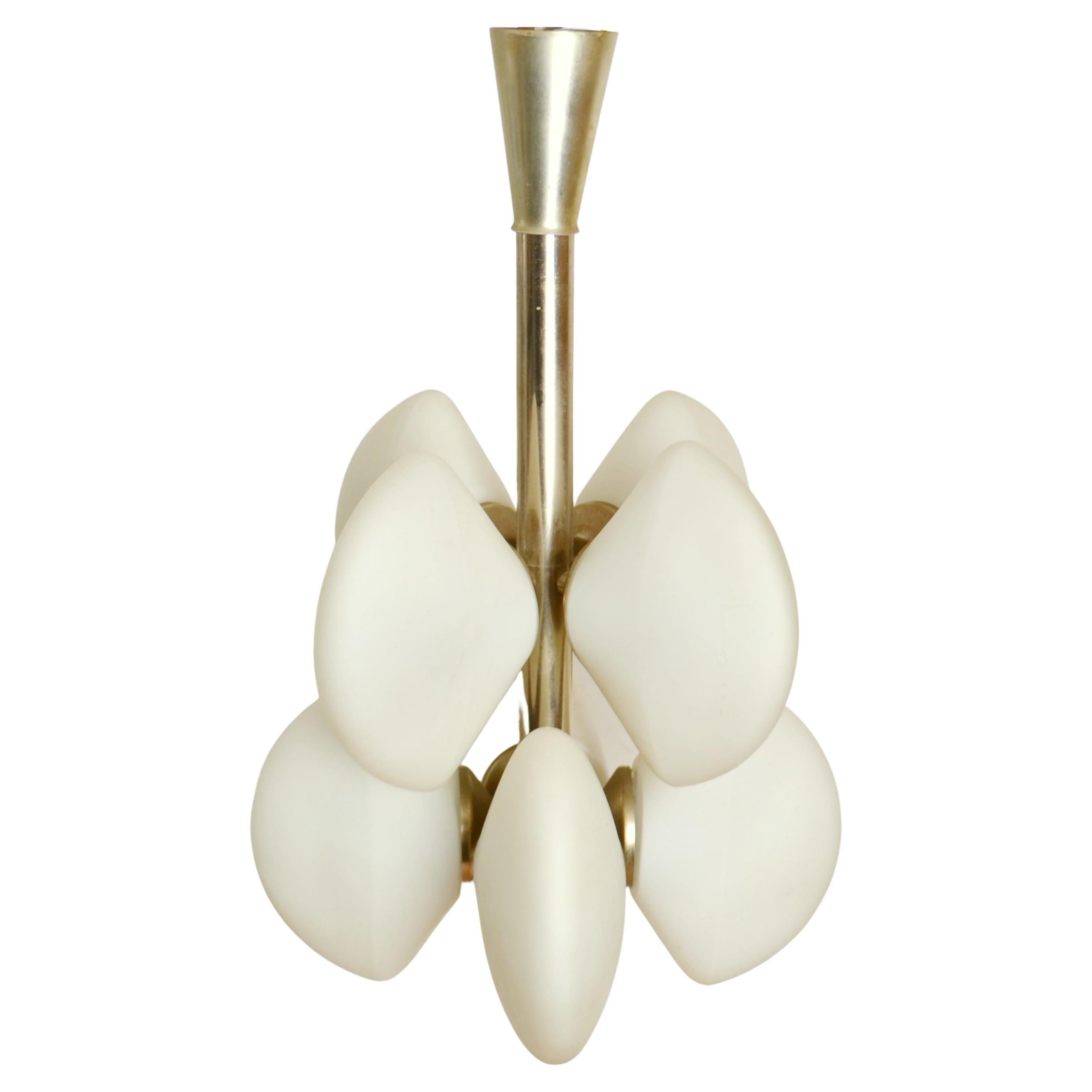 Flush mount 1960s Sputnik pendant with eight shell shape opalescent shades on chrome frame. It is a compact chandelier with unusual shape shades.