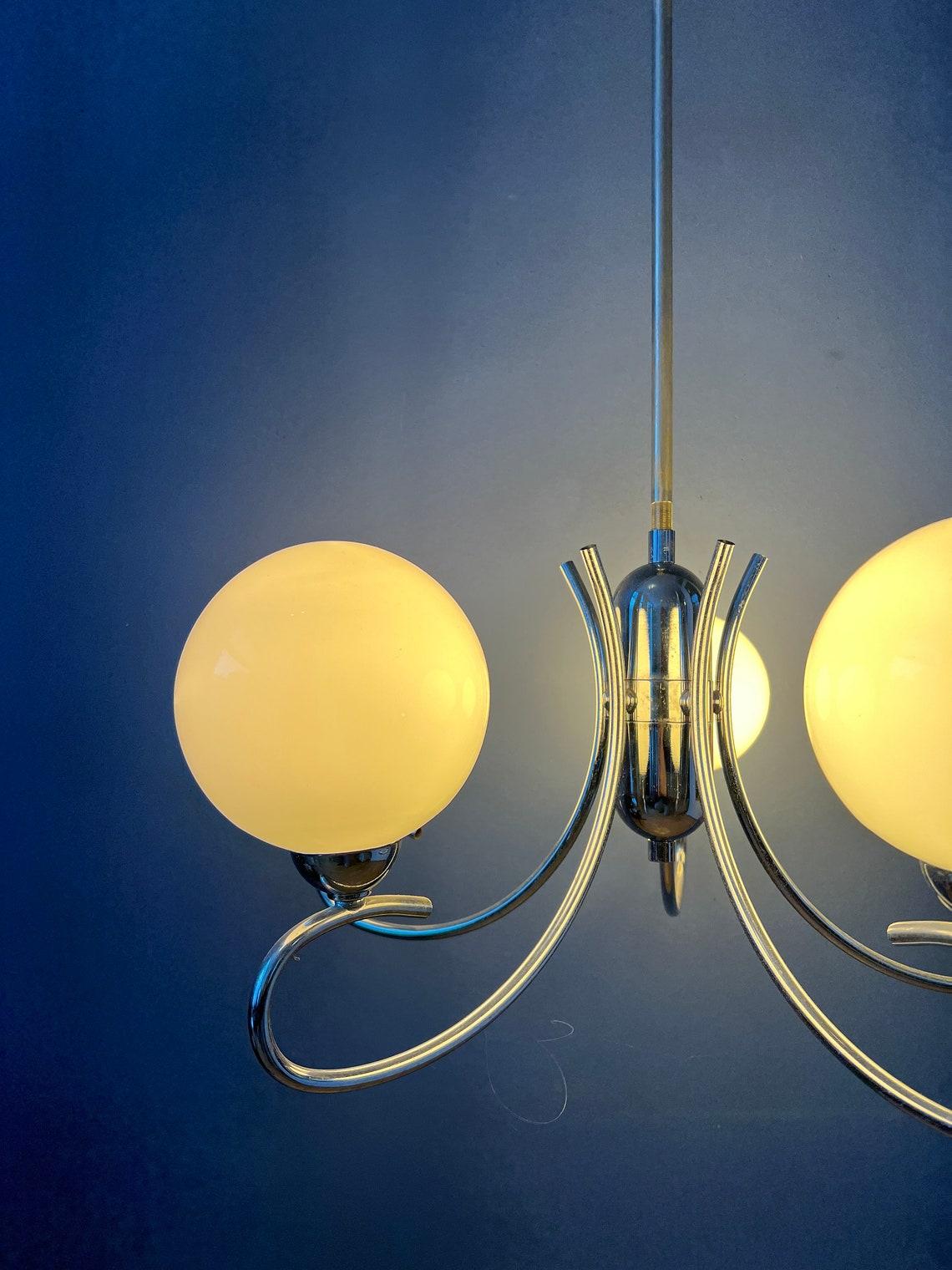 Sputnik Space Age Opaline Glass Chandelier Light Fixture, 1970s In Excellent Condition For Sale In ROTTERDAM, ZH