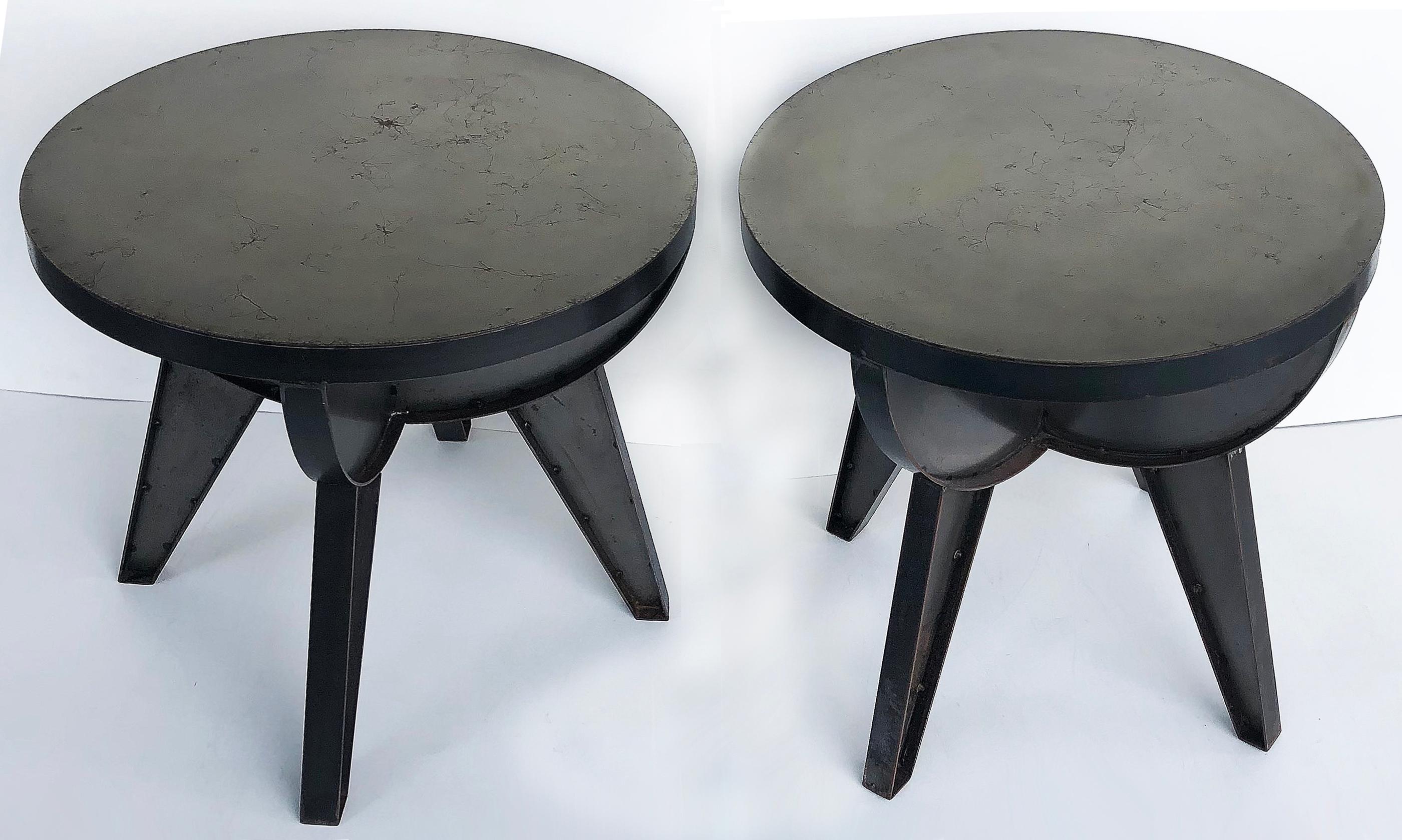 Sputnik Studio Industrial recycled steel side tables by Kevin Shahan

Offered for sale is a pair of sputnik studio side tables created by Kevin Shahan of Swanky Studio using re-purposed metal. These modern industrial tables have a great look with