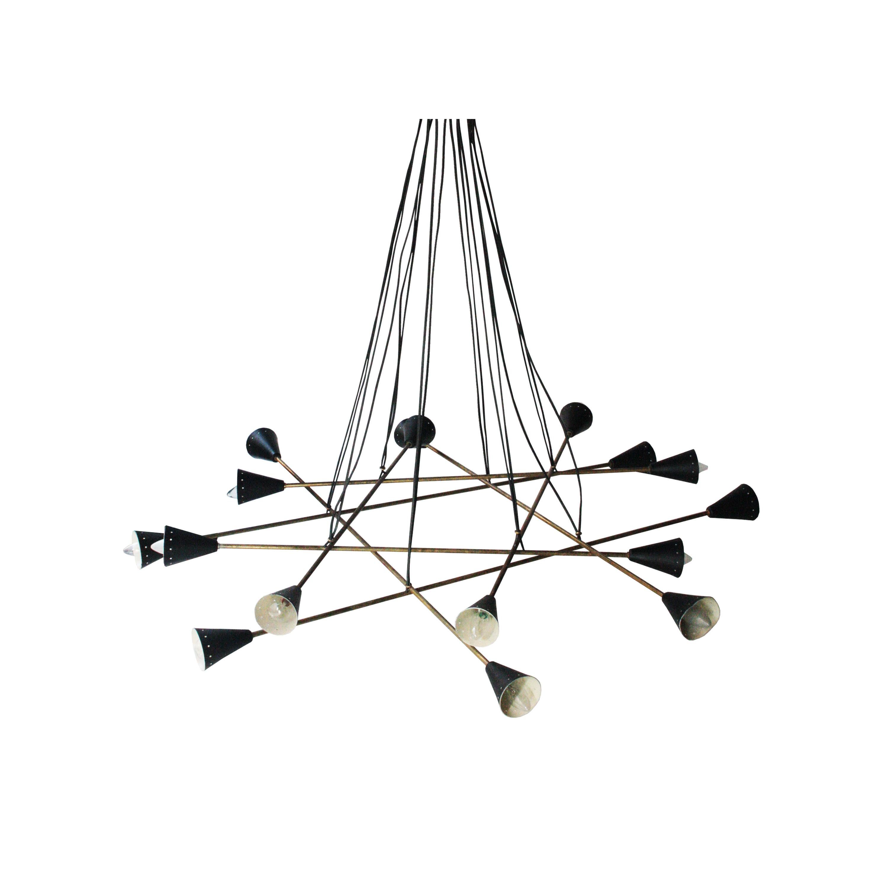 Sputnik style after Stilnovo ceiling lamp. Brass structure with black laquered shades. Sixteen light points.
