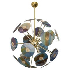 Sputnik style chandelier featuring multicolor acid etched glass disks
