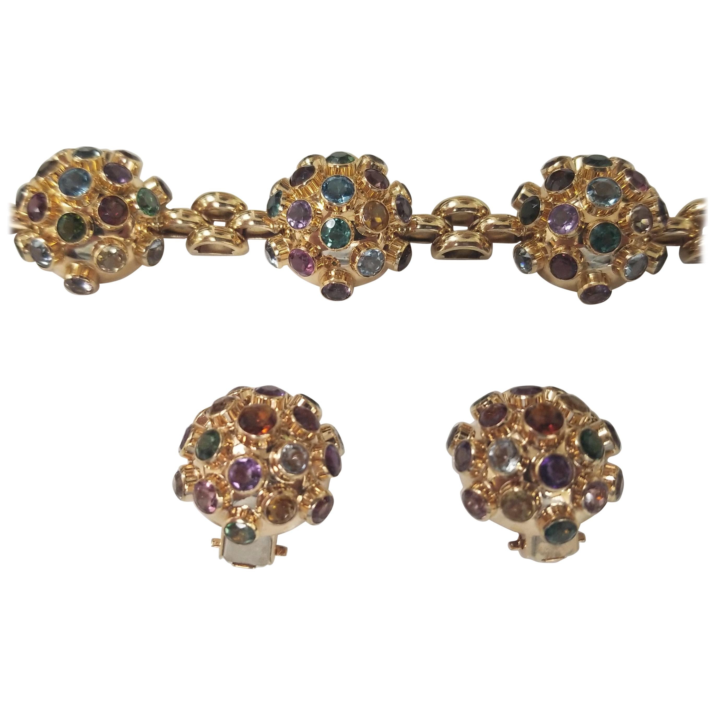 Sputnik Style Ring in 18 Karat Gold Semi Precious Stone Bracelet and Earrings