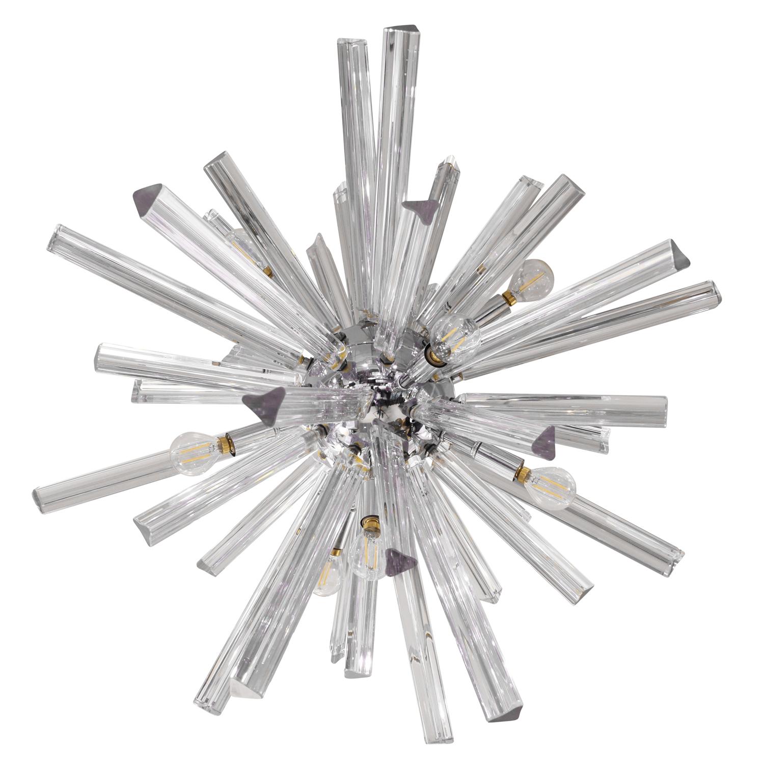 Sputnik chandelier model N3001 in polished chrome with artisan glass rods by Venini (Murano Italy) for Camer Lighting, American 1970's.  A timeless and chic design.  

Diam: 28 inches
H: 30 inches (can customize to spec)

Reference: 
Camer Glass Inc