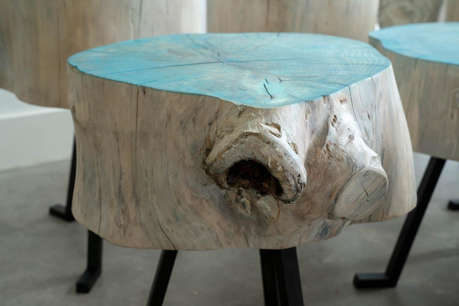 This Live Edge Round Side Table is an occasional table, a coffee table, or a side table. We call it the Sputnik Table. It is certainly irregular and that’s why you’ll love it. The three metal legs attached to live edge piece timber evoke the