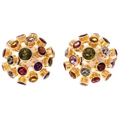 Sputnik Tourmaline Aqua Amethyst Citrine Garnet Domed Gold Earrings