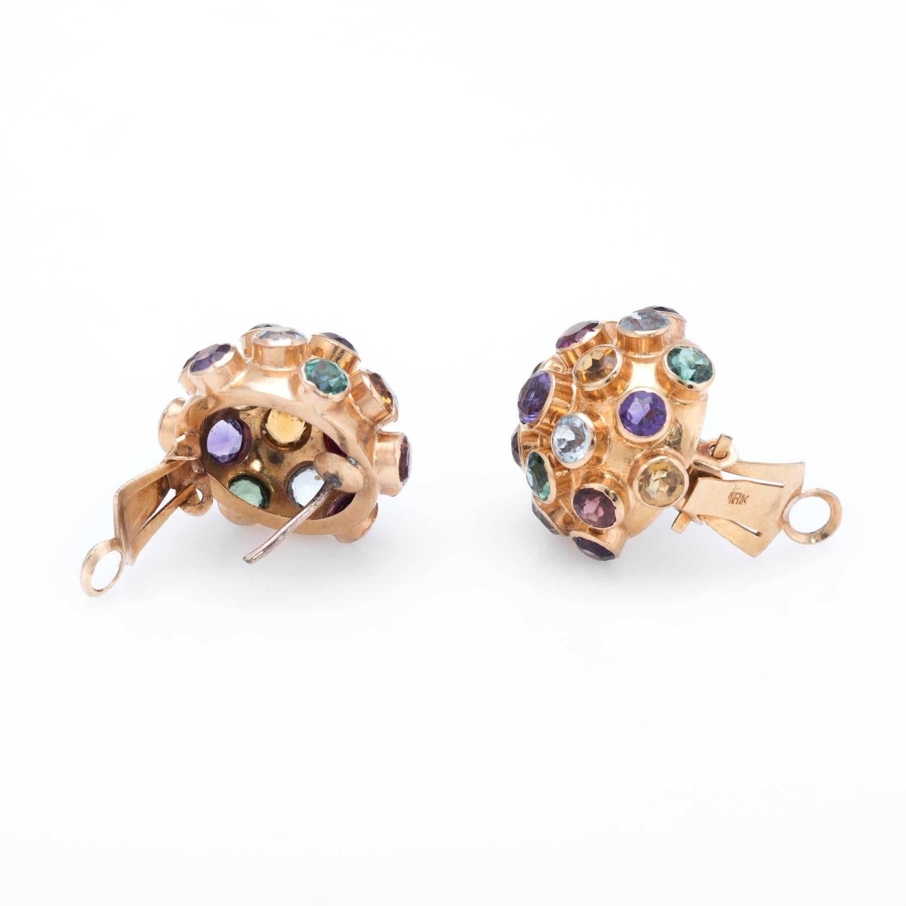 Ornate dome sputnik gemstone earrings, crafted in 18 karat rose gold. 

Gemstones (blue topaz, amethyst, aquamarine, pink & green tourmaline, citrine and garnet) total an estimated 4.50 carats. The gemstones are in excellent condition and free of