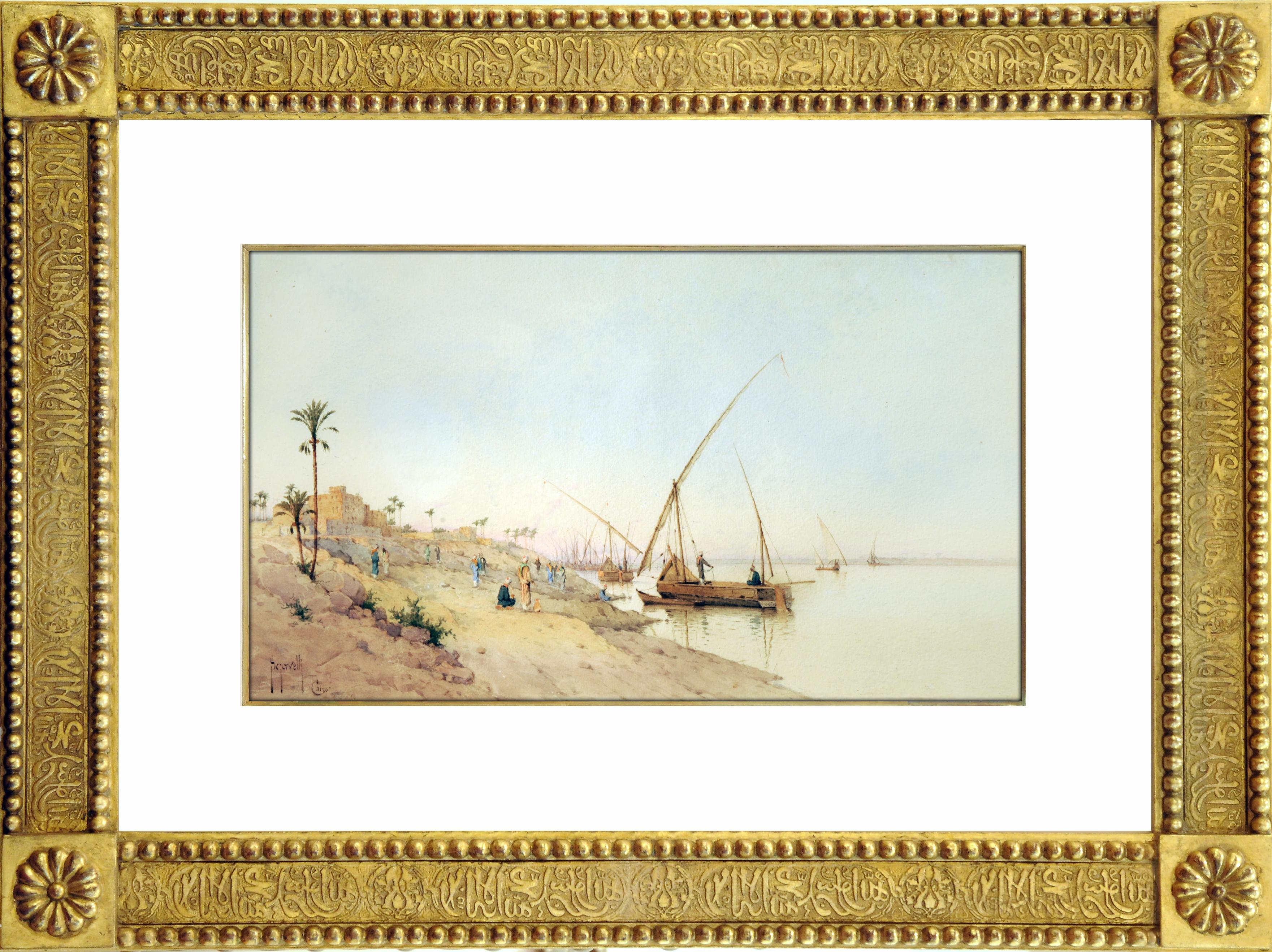 Spyridon Scarvelli Landscape Painting - Sailboats on the Nile River, Cairo, Egypt
