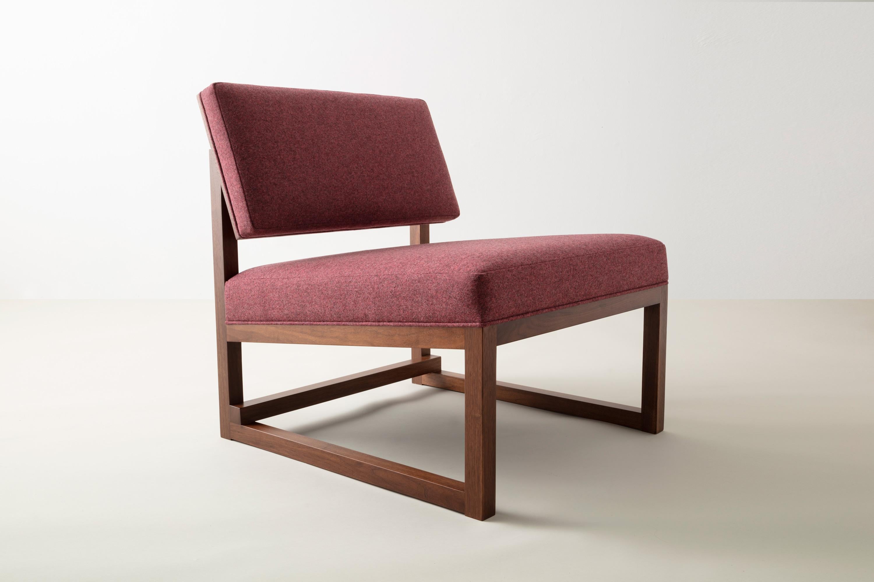 Hand-Crafted SQ Lounge Chair, solid wood, upholstery in felt, bouclé, or COM, handmade in USA