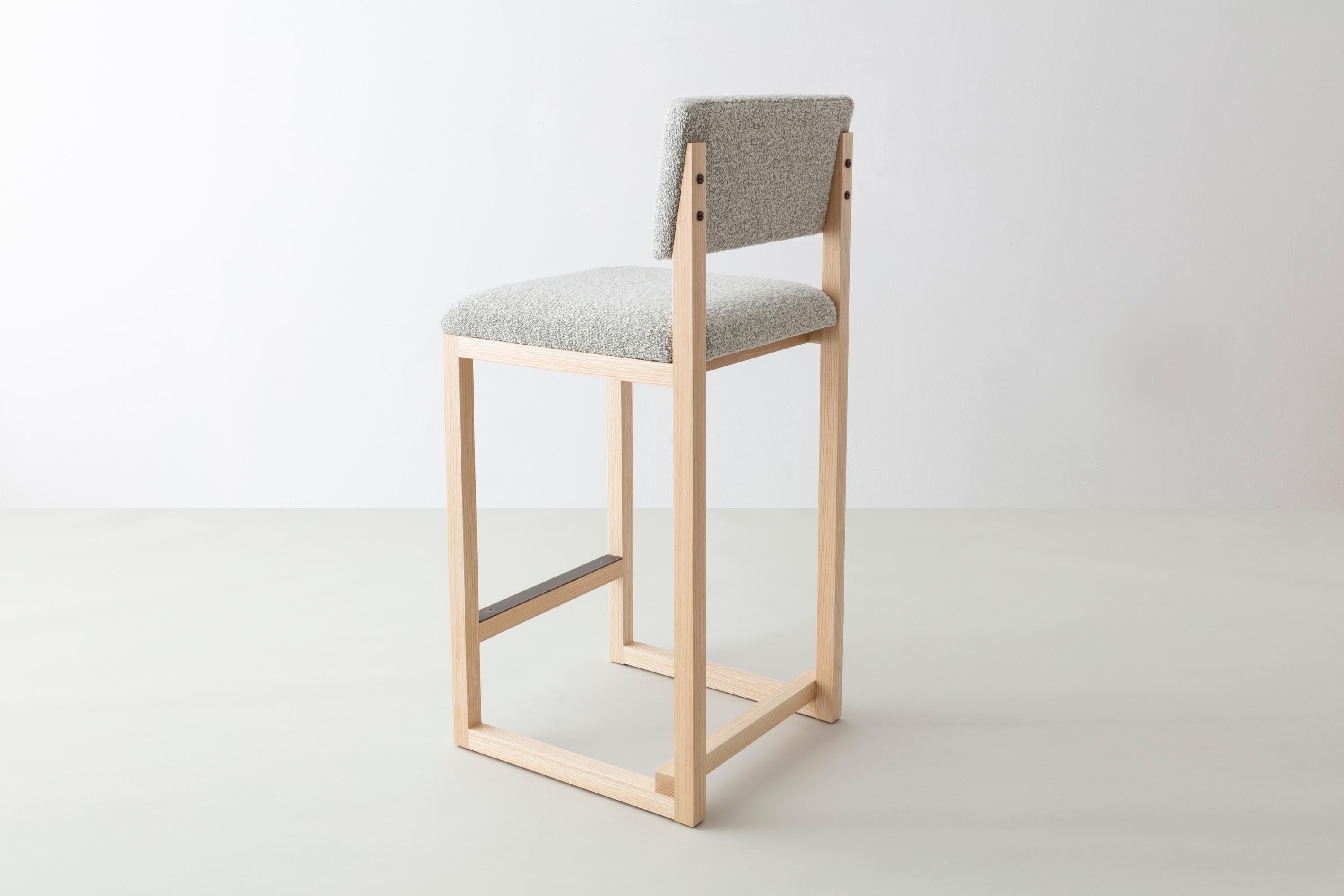 American SQ Upholstered Counter Stool, Bouclé or COM, Brass Details, Hardwood, Handmade