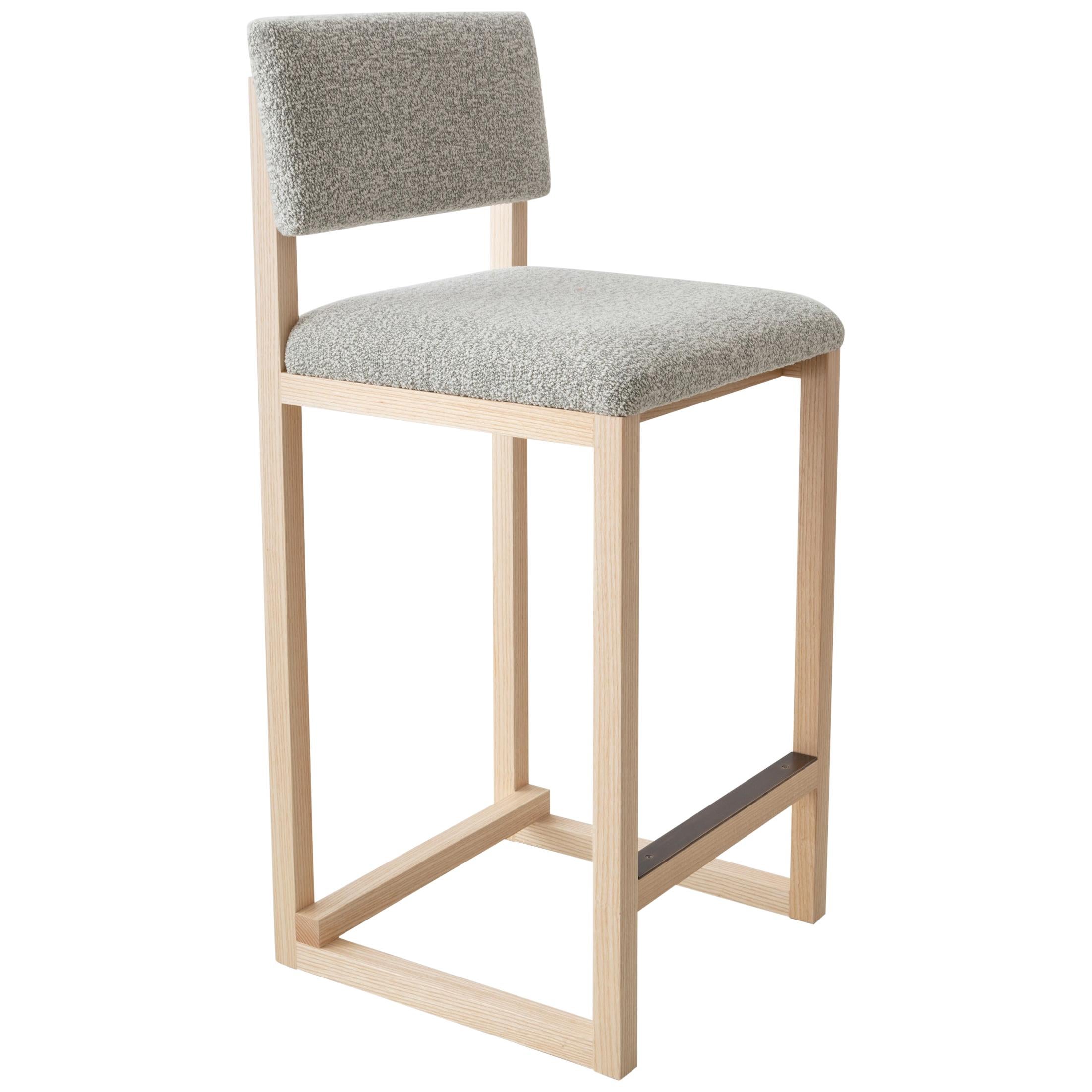 SQ Upholstered Counter Stool, Solid wood, Brass, Boucle or COM COL, Made in USA For Sale
