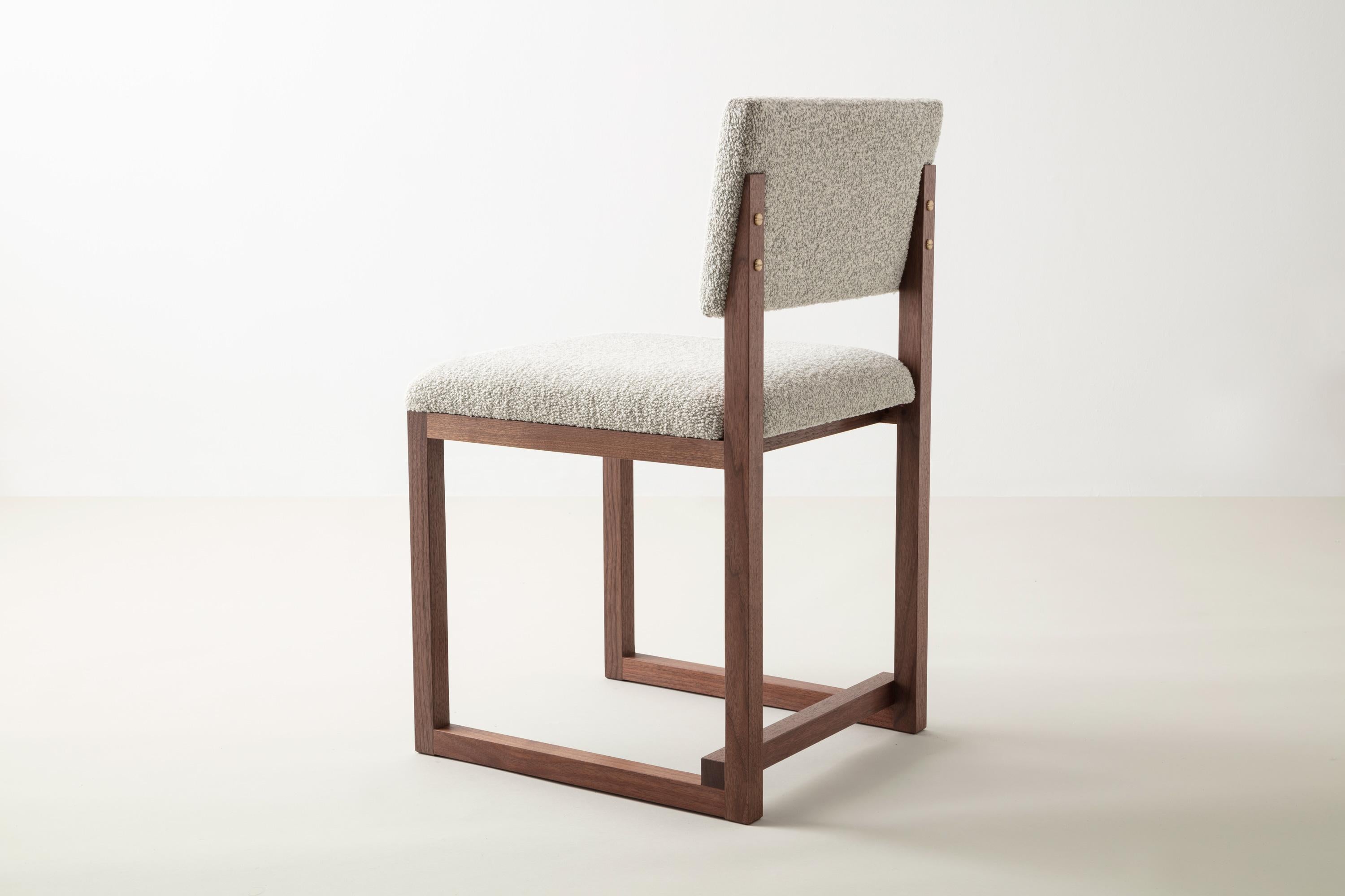 Contemporary SQ Upholstered Dining Chair, Solid Wood, Bouclé or COM COL, Handmade in USA For Sale