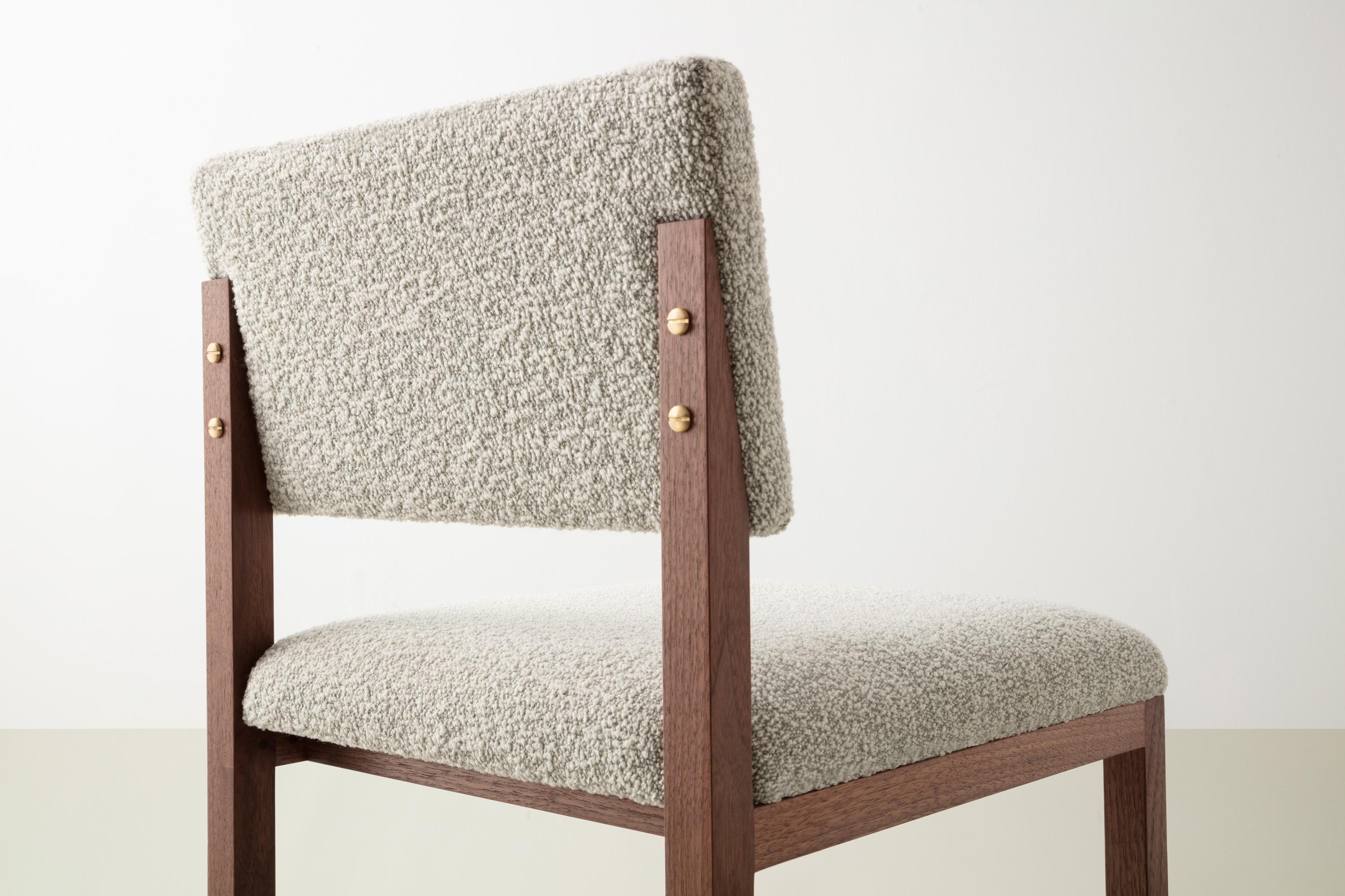 SQ Upholstered Dining Chair, Solid Wood, Bouclé or COM COL, Handmade in USA In New Condition For Sale In Brooklyn, NY