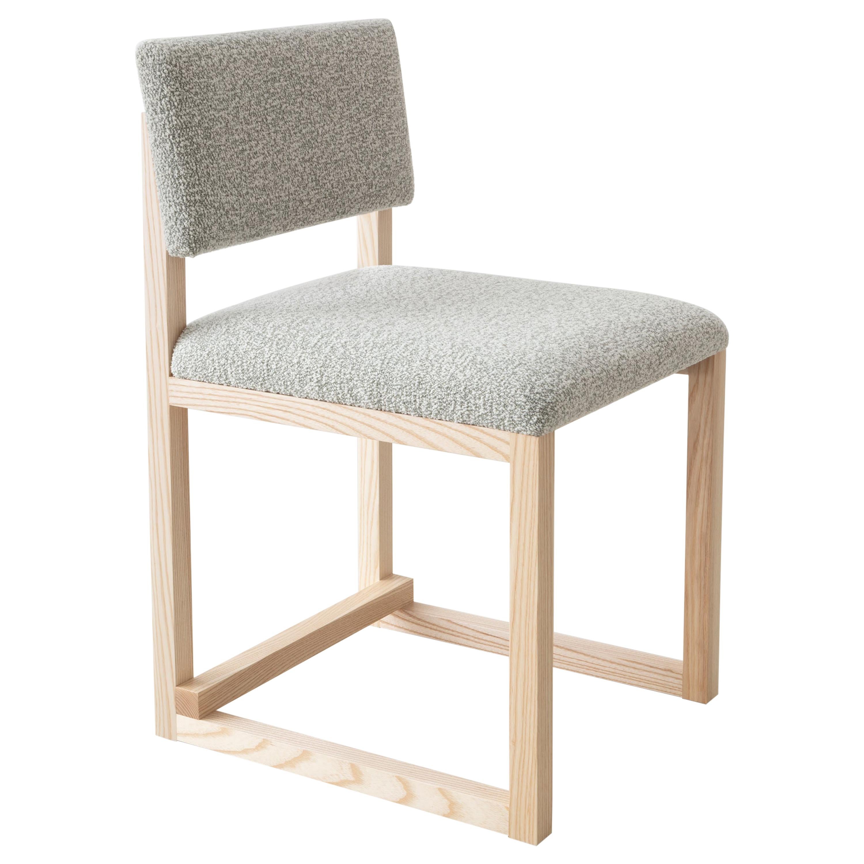 SQ Upholstered Dining Chair, Solid Wood, Bouclé or COM COL, Handmade in USA For Sale