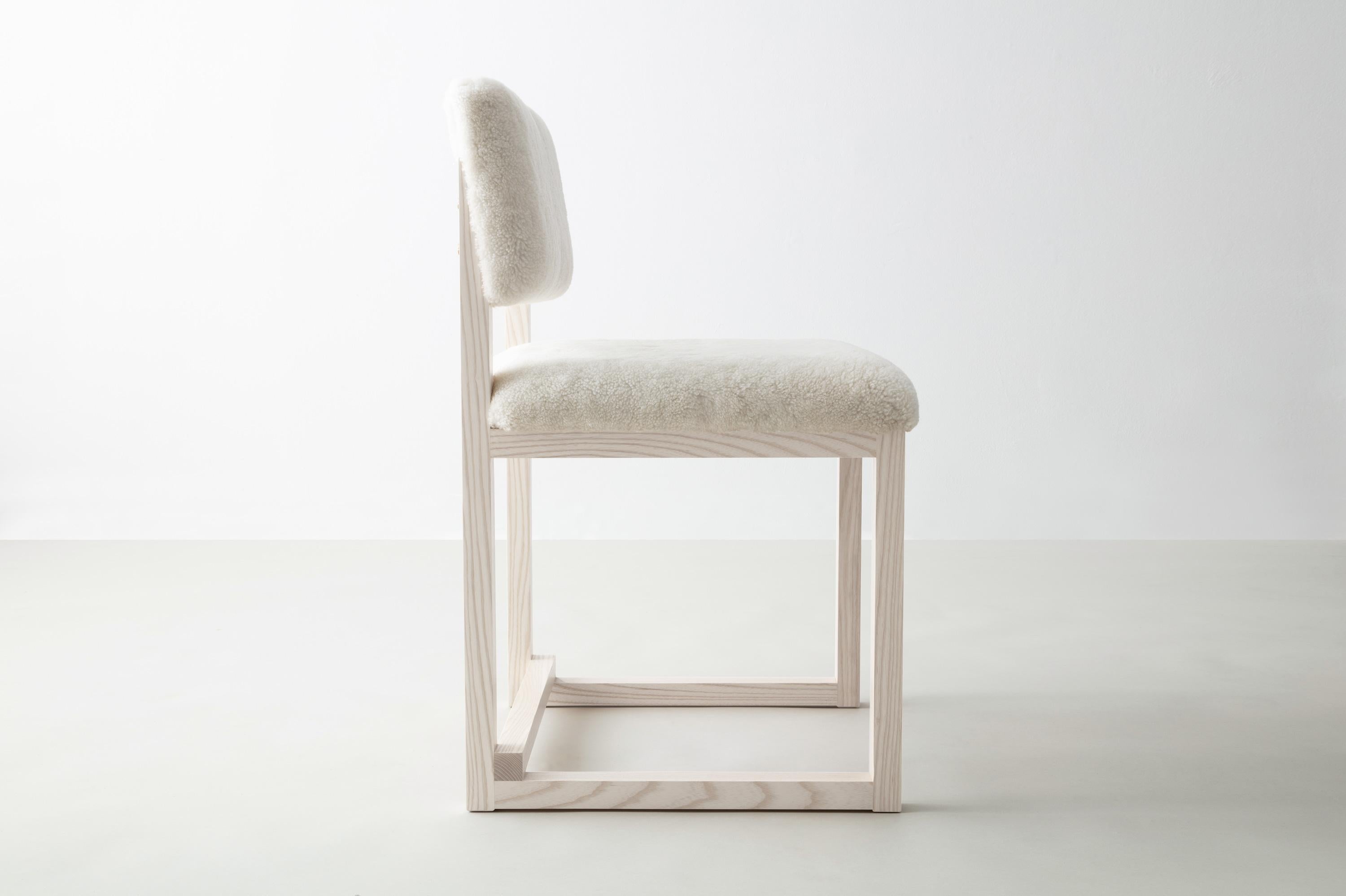 Modern SQ Upholstered Dining Chair Special Edition, Shearling or COM, Solid Ash, Brass For Sale