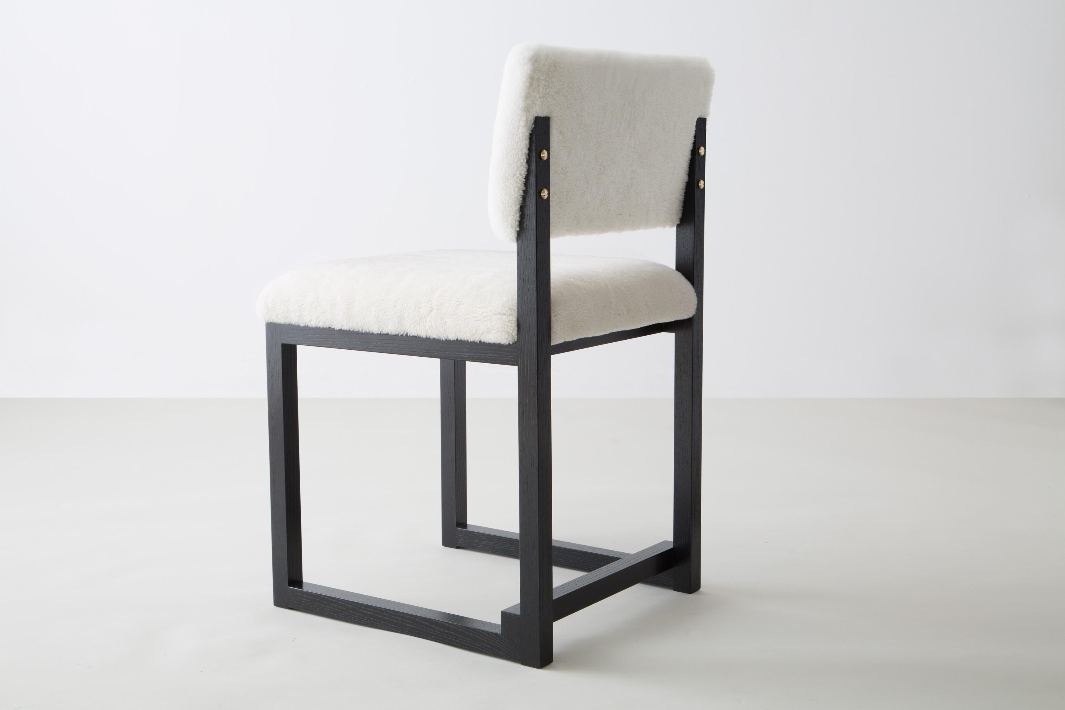 SQ Upholstered Dining Chair Special Edition, Shearling or COM, Solid Ash, Brass In New Condition For Sale In Brooklyn, NY