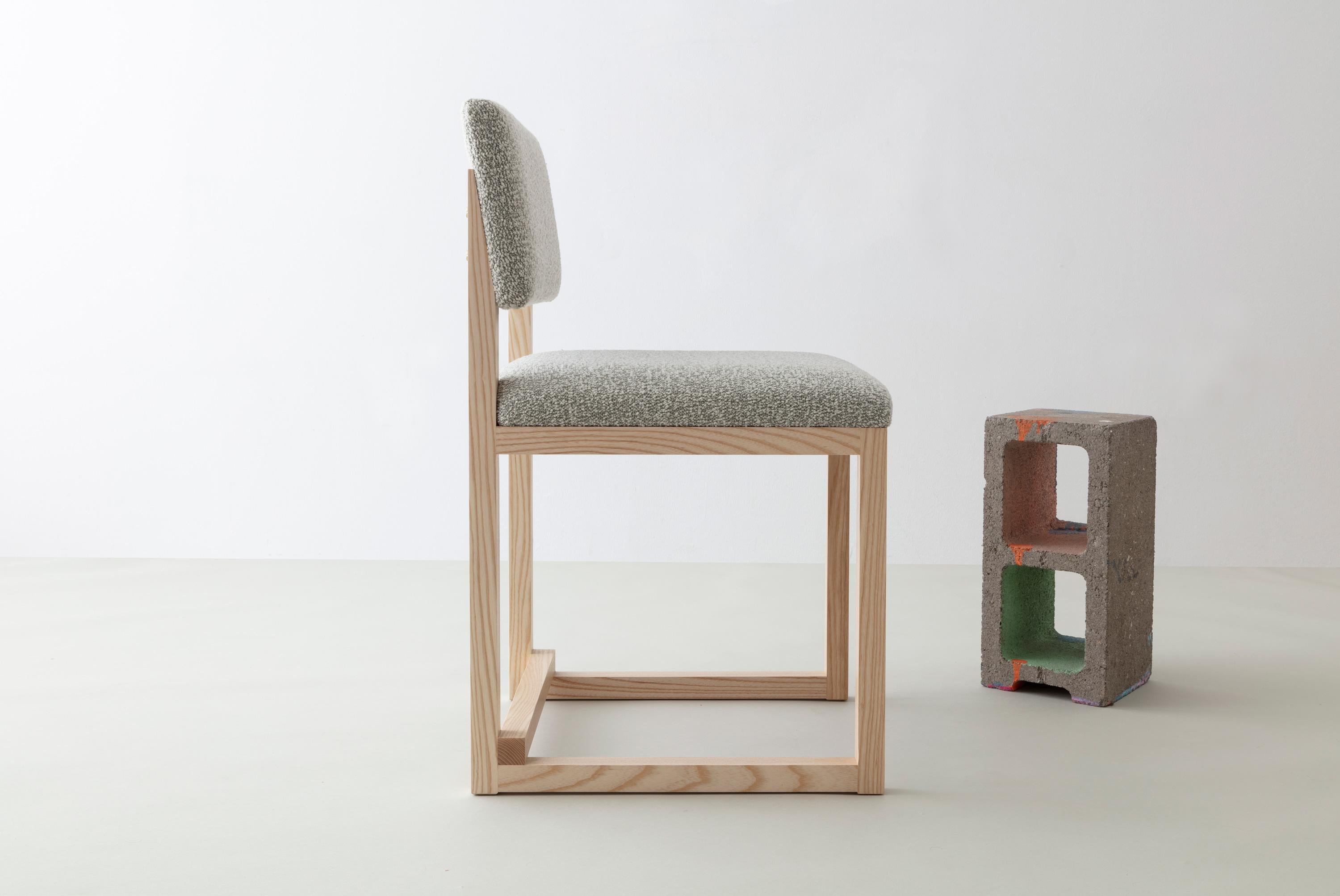 Hand-Crafted SQ Upholstered Dining Chair, Walnut, Brass, Bouclé or COM, Handmade in USA