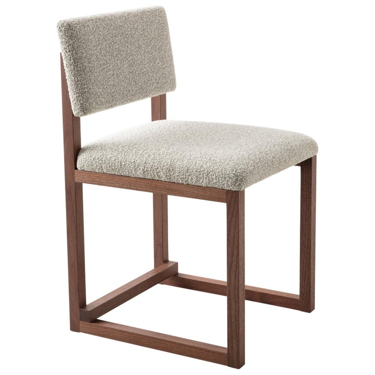 SQ Upholstered Dining Chair, Walnut, Brass, Bouclé Wool, Handmade in