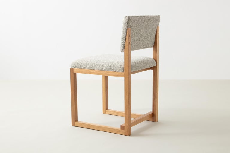 Modern SQ Upholstered Dining Chair, White Oak, Brass, Bouclé or COM, Handmade in USA For Sale