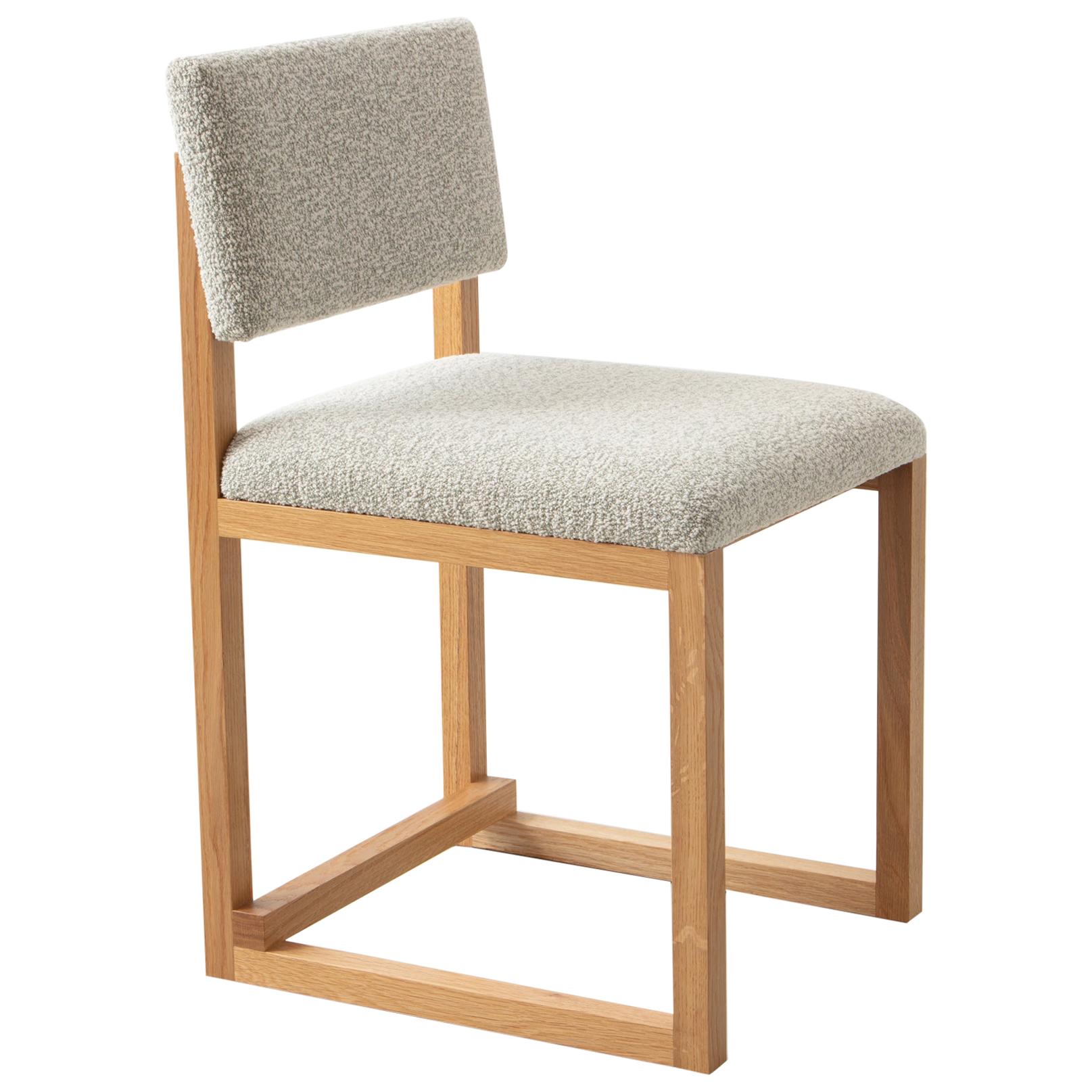 SQ Upholstered Dining Chair, White Oak, Brass, Bouclé or COM, Handmade in USA For Sale