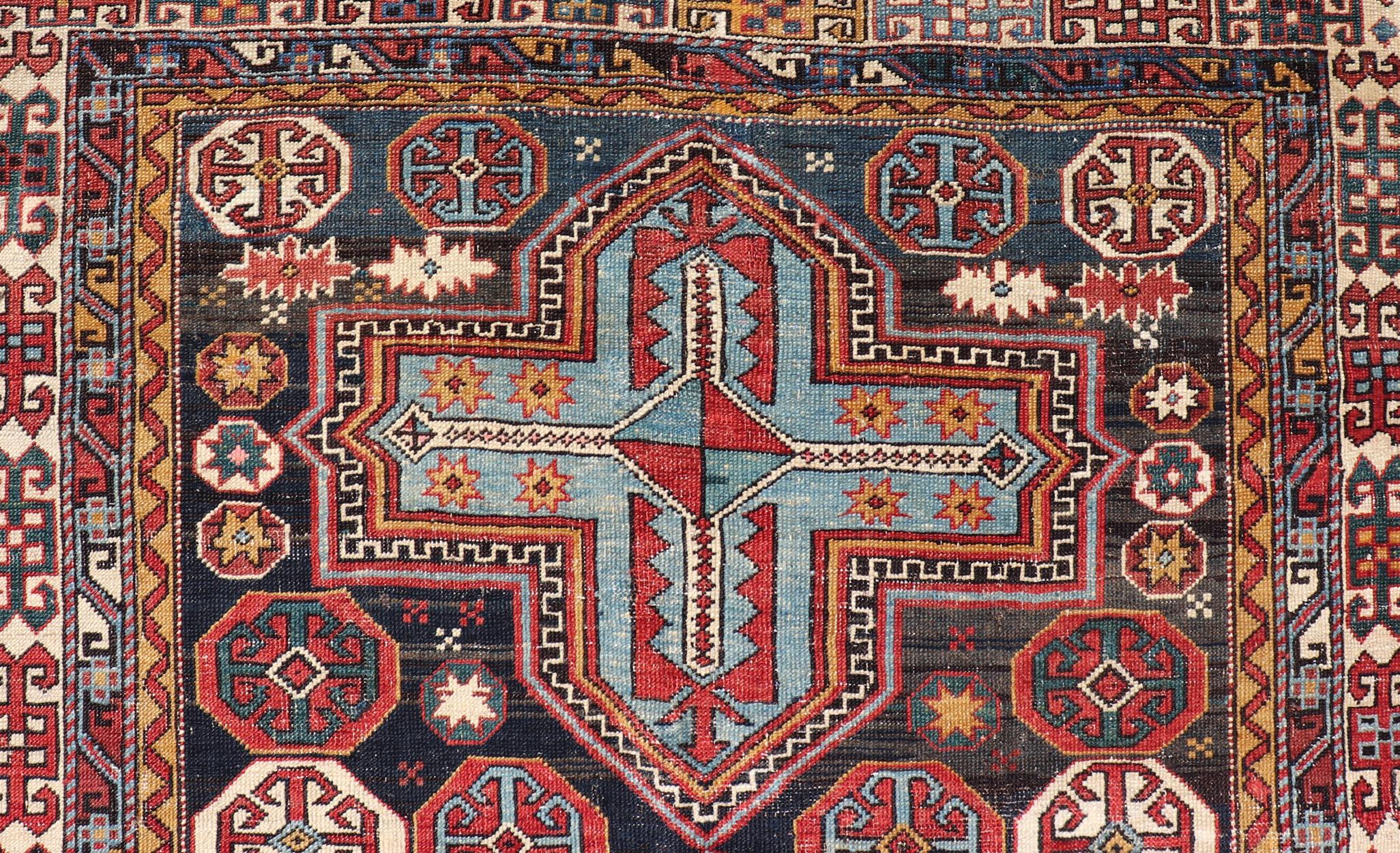 Sqaure Antique Colorful Kuba Caucasian Rug with Cross Medallions For Sale 3