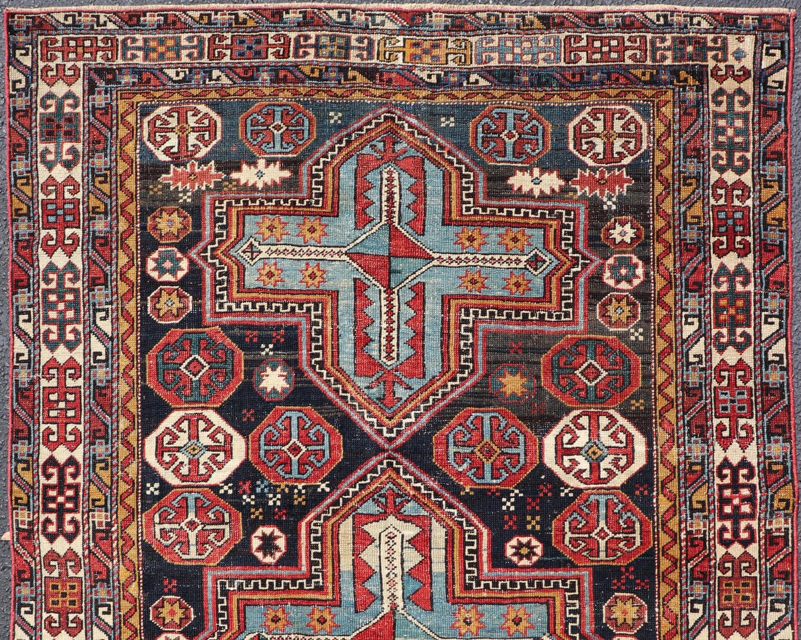Kazak Sqaure Antique Colorful Kuba Caucasian Rug with Cross Medallions For Sale