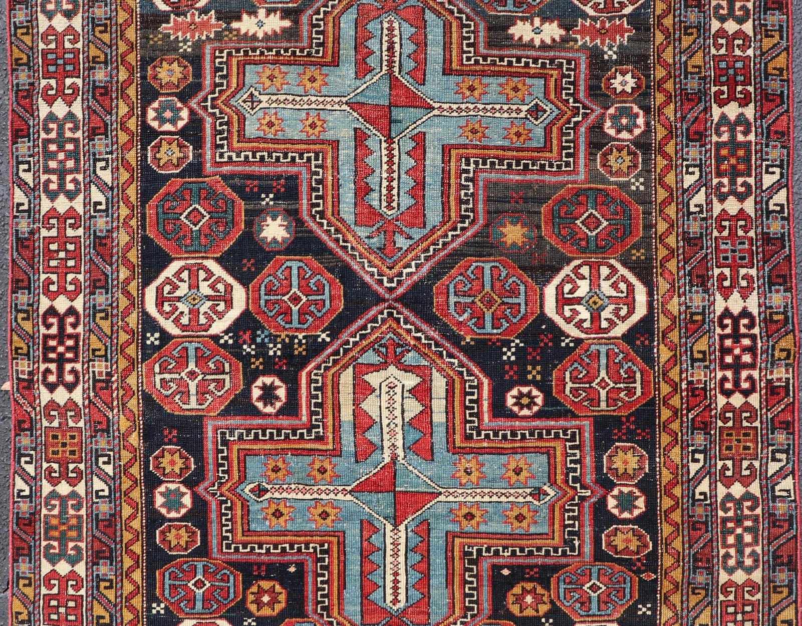 Hand-Knotted Sqaure Antique Colorful Kuba Caucasian Rug with Cross Medallions For Sale