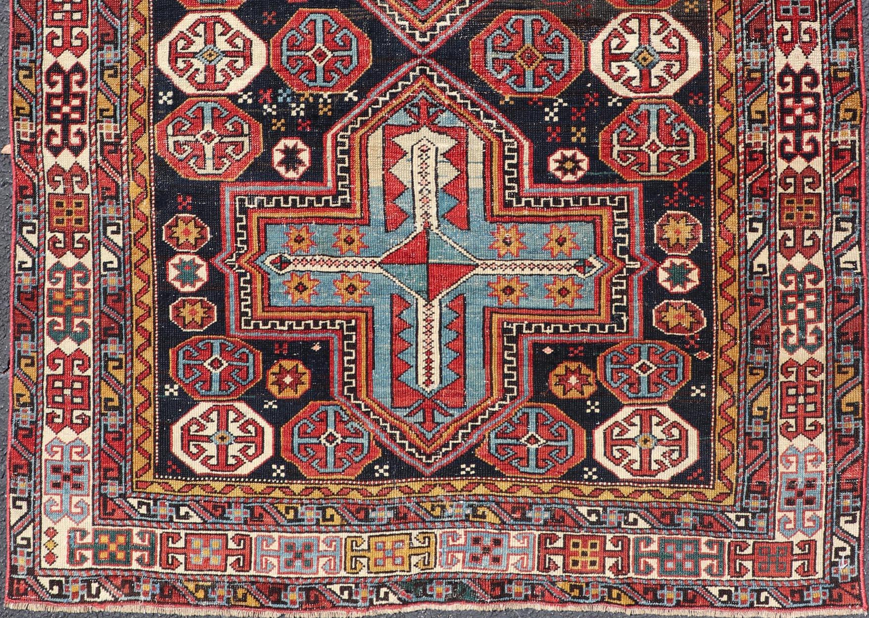 Sqaure Antique Colorful Kuba Caucasian Rug with Cross Medallions In Good Condition For Sale In Atlanta, GA