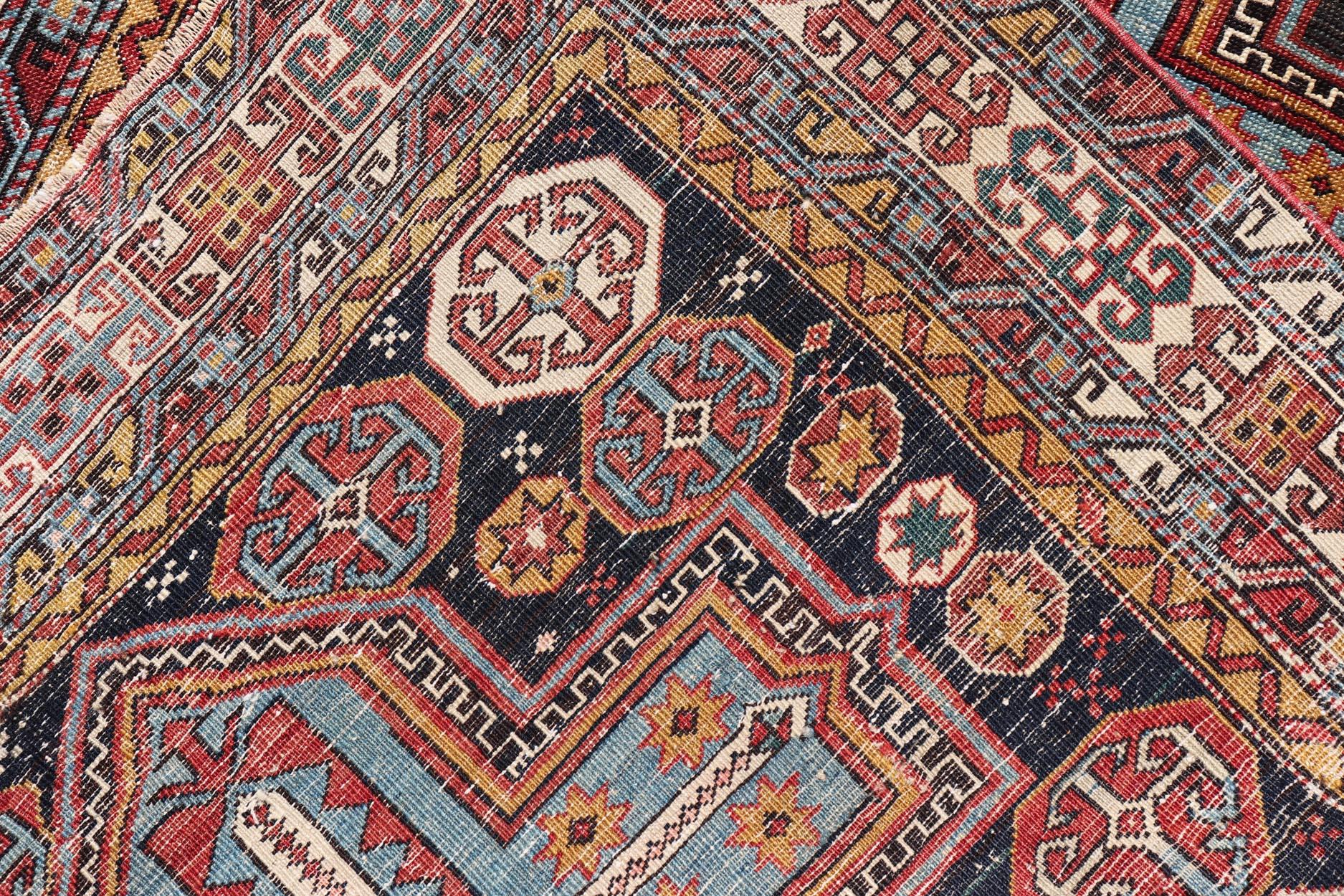 19th Century Sqaure Antique Colorful Kuba Caucasian Rug with Cross Medallions For Sale