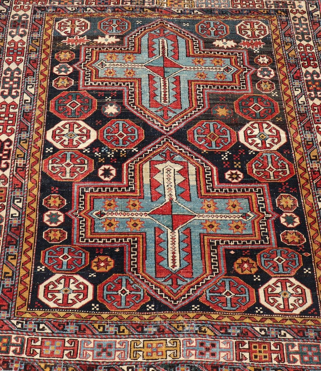 Wool Sqaure Antique Colorful Kuba Caucasian Rug with Cross Medallions For Sale