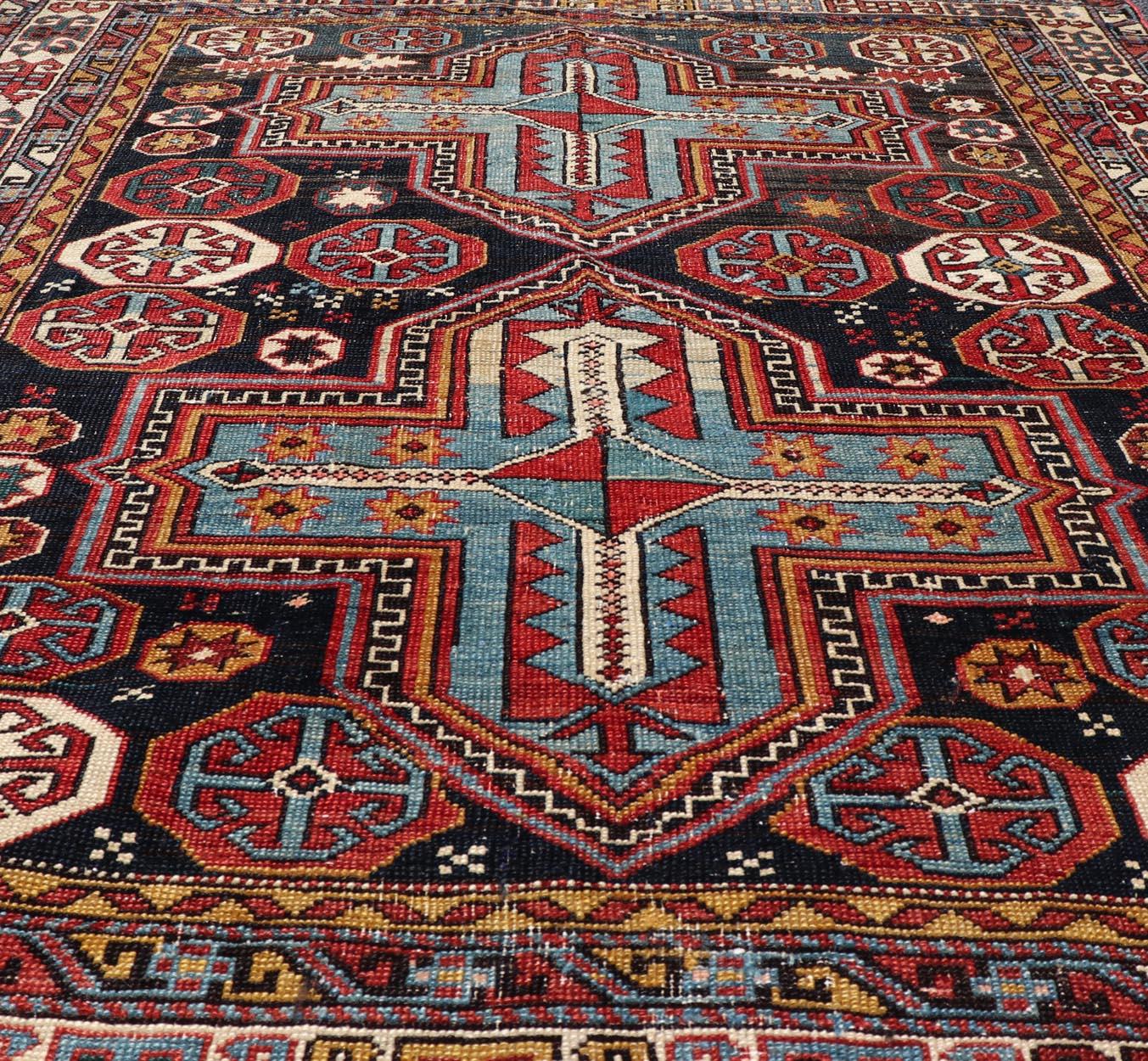 Sqaure Antique Colorful Kuba Caucasian Rug with Cross Medallions For Sale 1