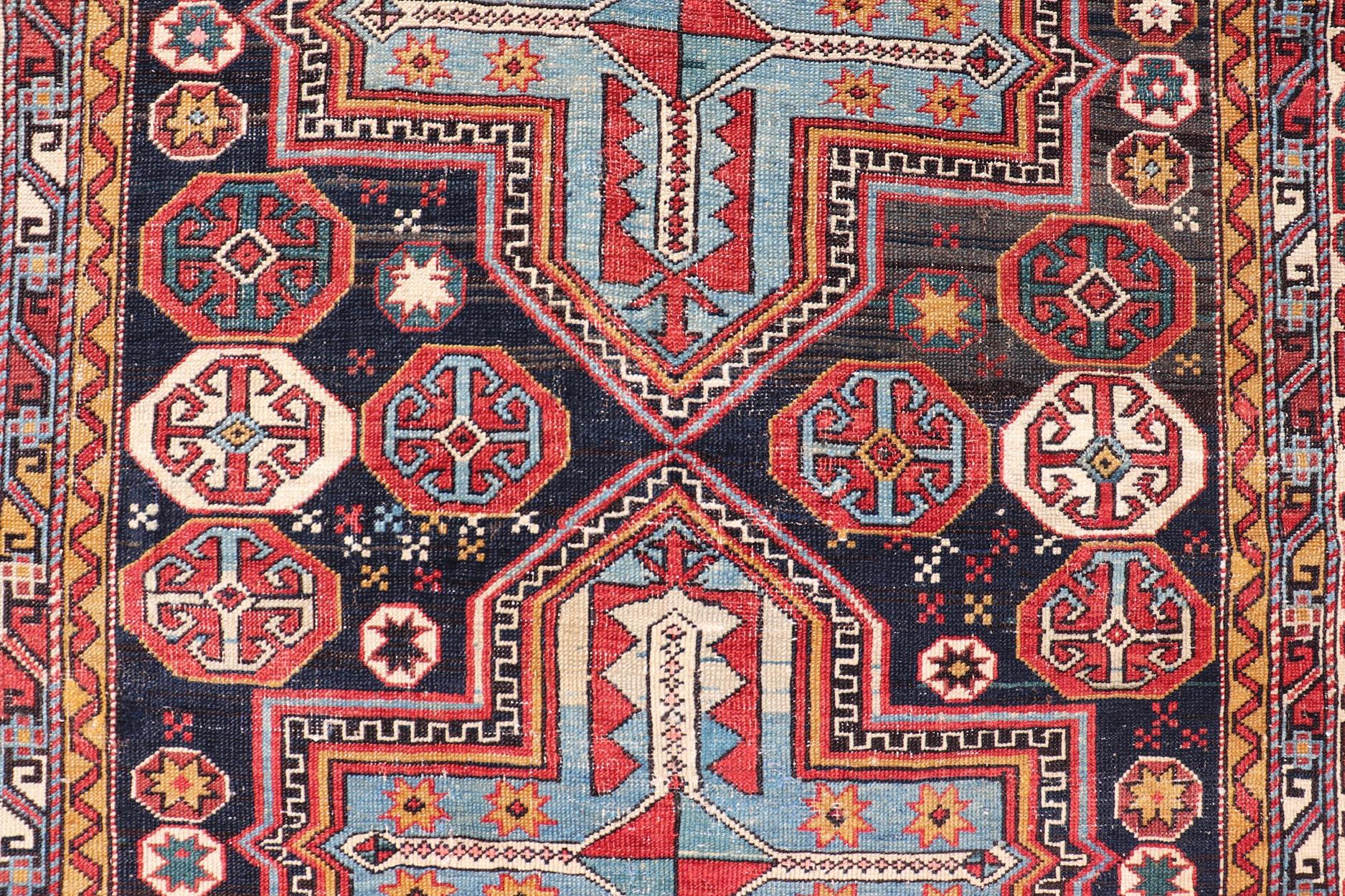 Sqaure Antique Colorful Kuba Caucasian Rug with Cross Medallions For Sale 2