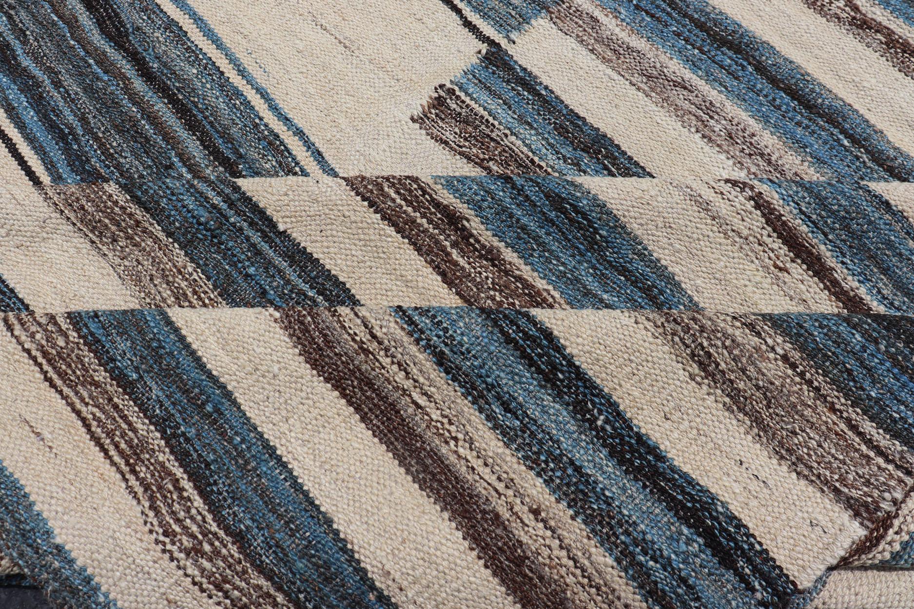 Sqaure Flat-Weave Kilim Rug with Classic Stripe Design in Blue, Cream, Brown For Sale 2