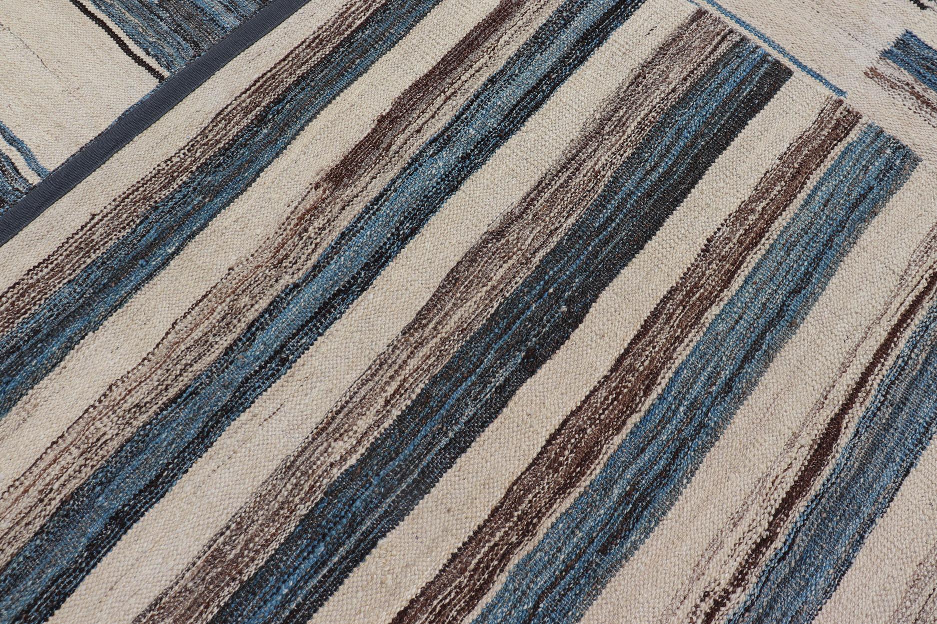 Sqaure Flat-Weave Kilim Rug with Classic Stripe Design in Blue, Cream, Brown For Sale 3