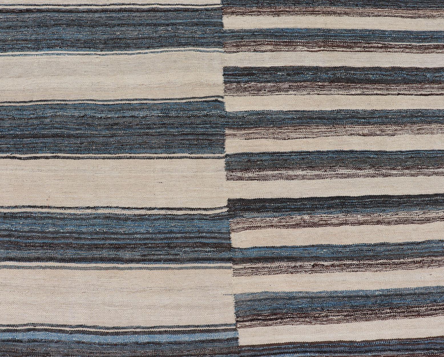Sqaure Flat-Weave Kilim Rug with Classic Stripe Design in Blue, Cream, Brown In Excellent Condition For Sale In Atlanta, GA