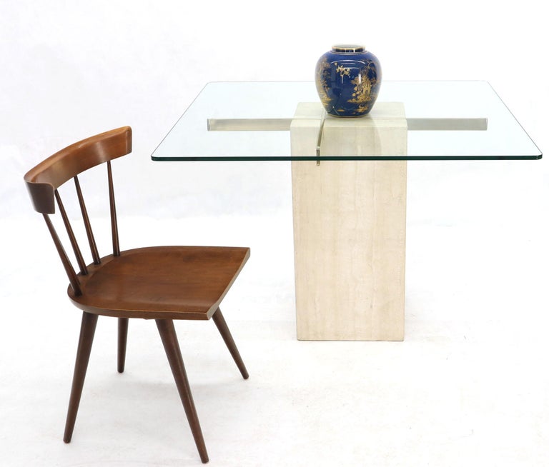 Square Travertine Marble Pedestal and Brass Glass Top Dining Game Table