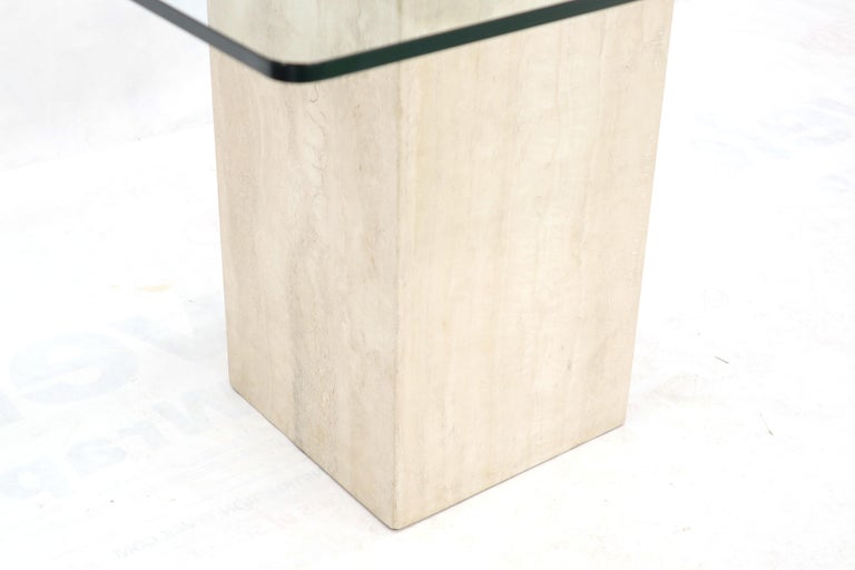 Square Travertine Marble Pedestal and Brass Glass Top Dining Game Table