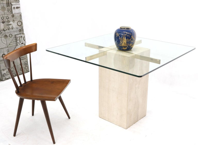 Square Travertine Marble Pedestal and Brass Glass Top Dining Game Table