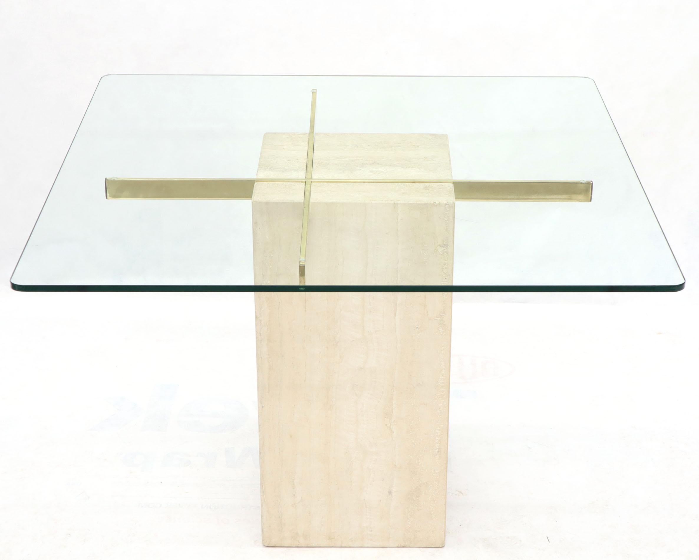 Mid-Century Modern Square Travertine Marble Pedestal and Brass Glass Top Dining Game Table