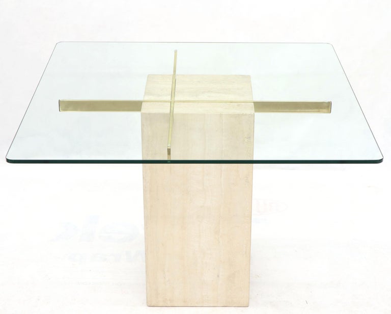 Square Travertine Marble Pedestal and Brass Glass Top Dining Game Table